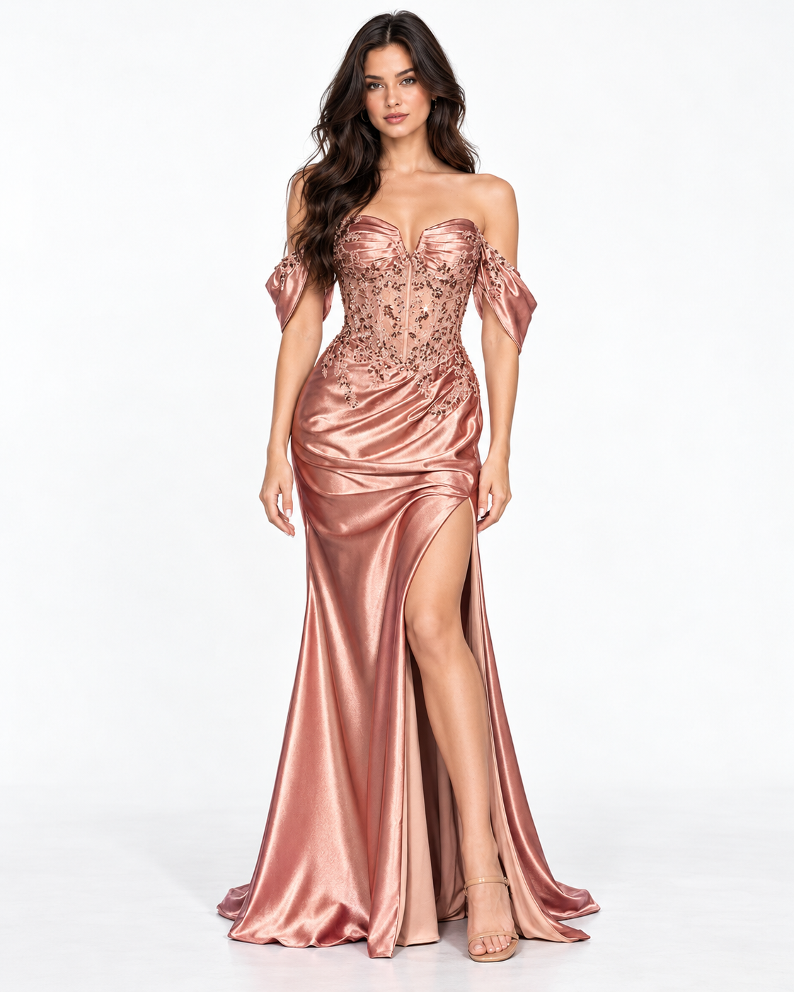Off the Shoulder Satin Fitted Dress with Lace Details & Slit