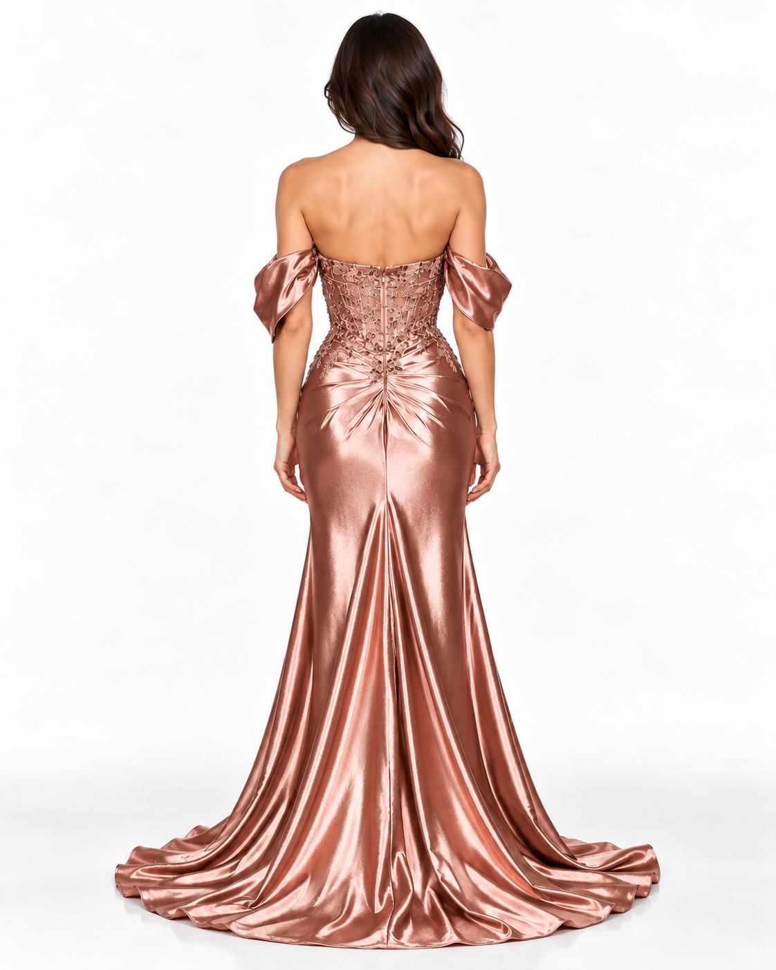 Off the Shoulder Satin Fitted Dress with Lace Details & Slit