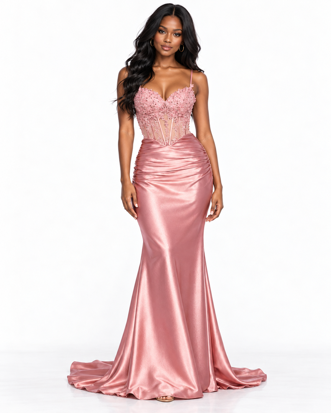 Embellished Sheer Corset Bodice Lace-Up Back Gown