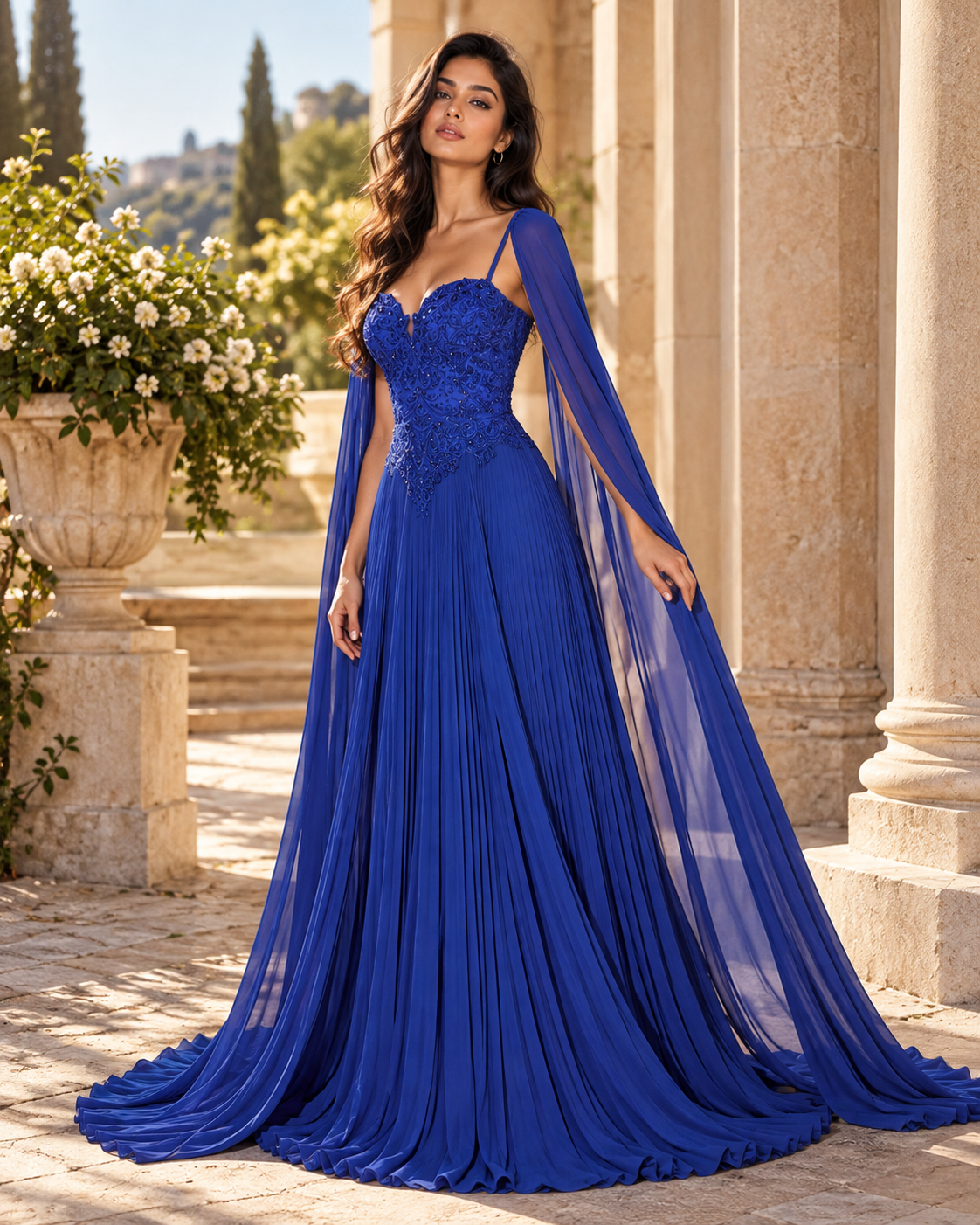 Pleated A-Line Gown with Cape Sleeves