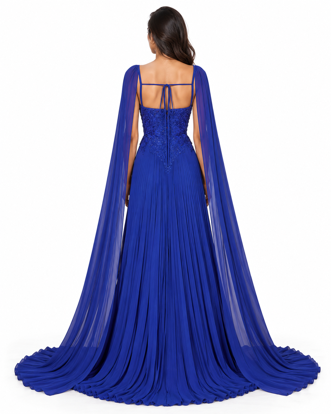 Pleated A-Line Gown with Cape Sleeves