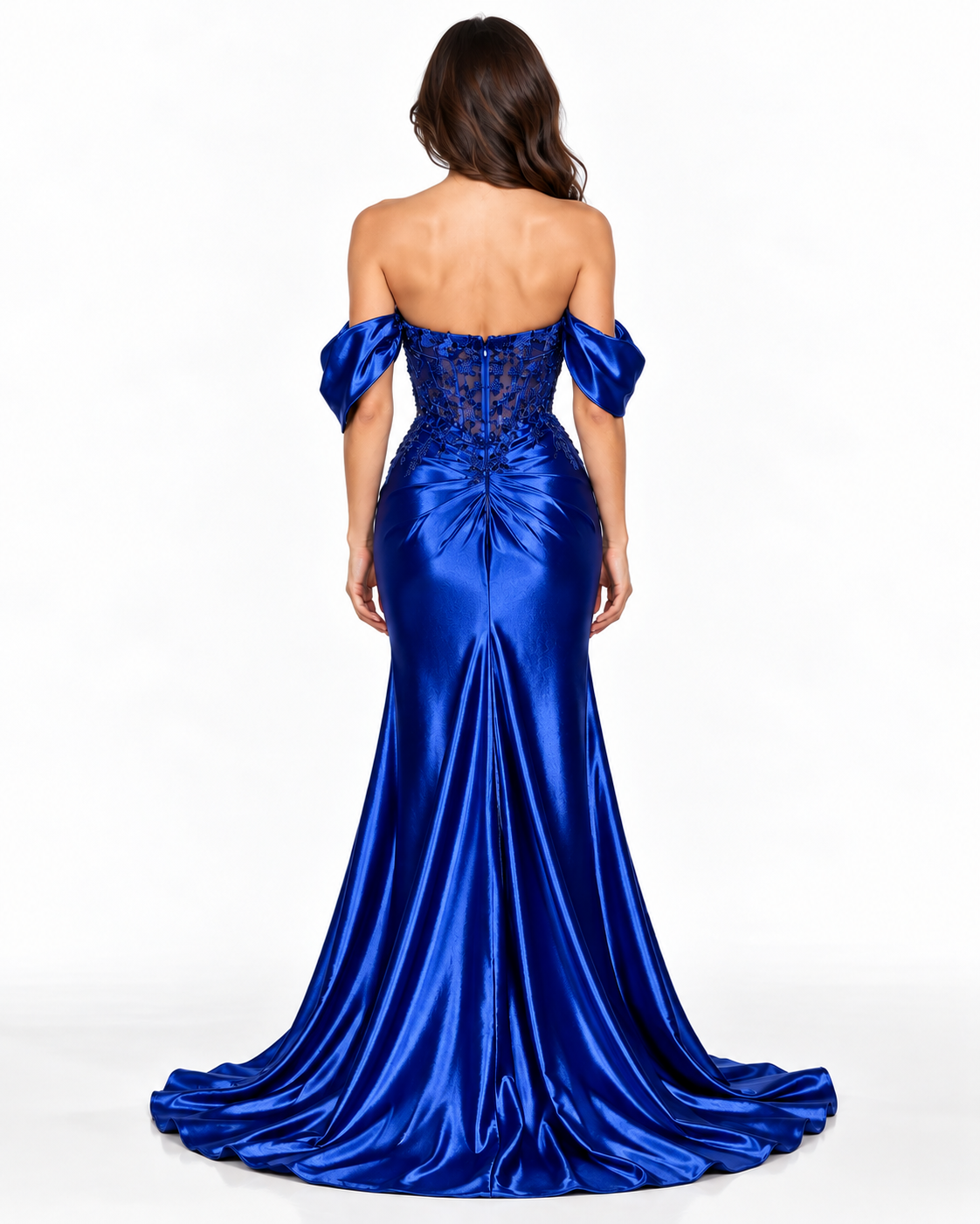 Off the Shoulder Satin Fitted Dress with Lace Details & Slit