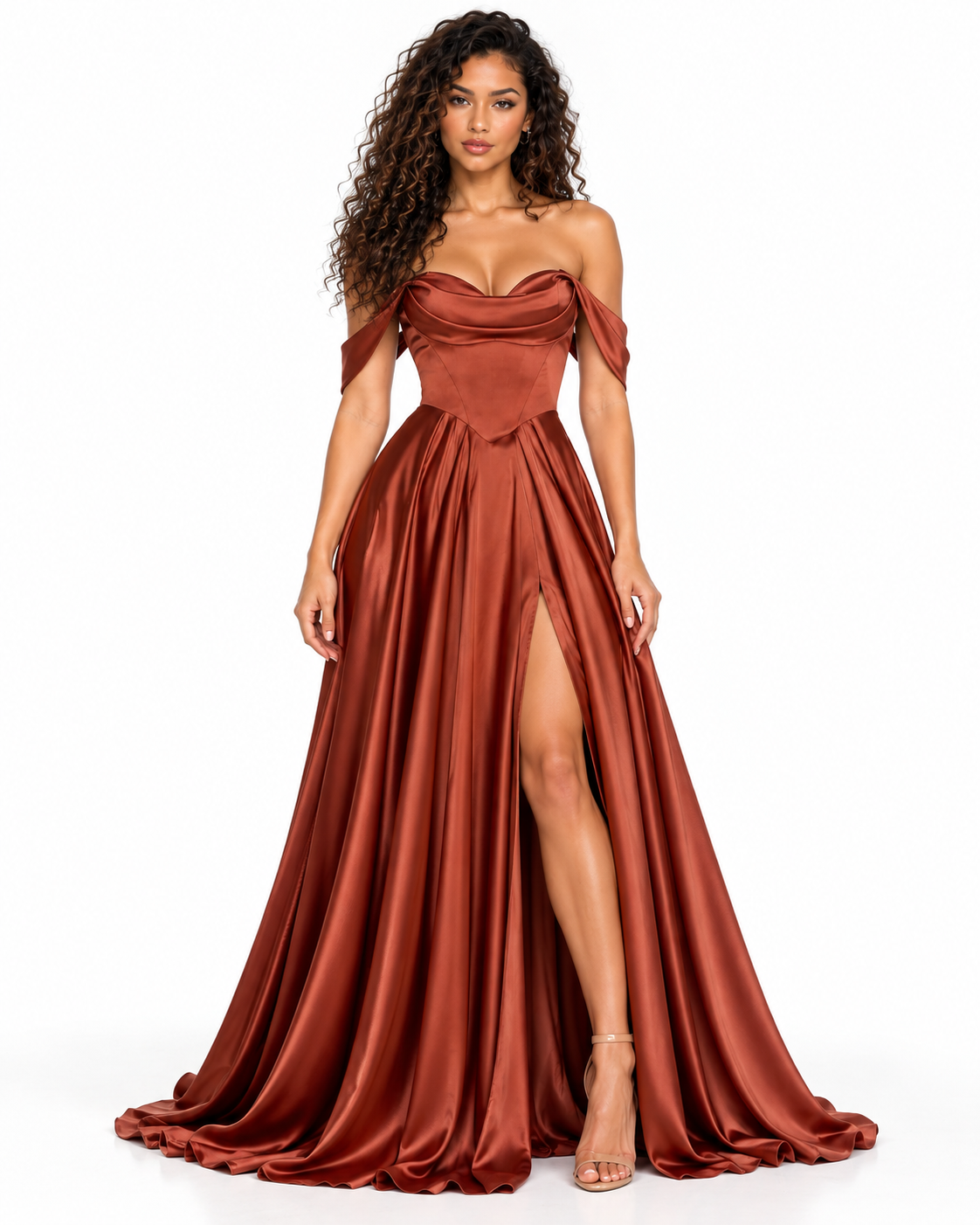 Off-the-Shoulder Pleated Satin A-Line Gown