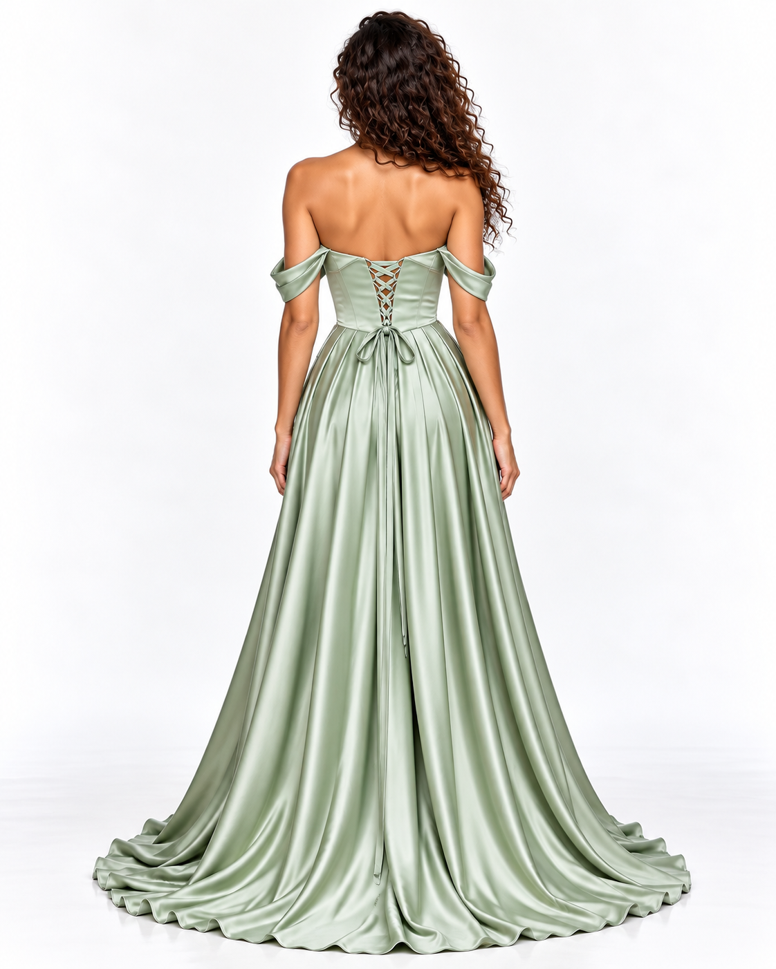 Off-the-Shoulder Pleated Satin A-Line Gown