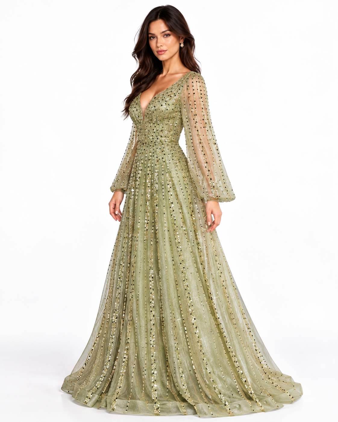Long Sleeve A-Line Beaded Dress