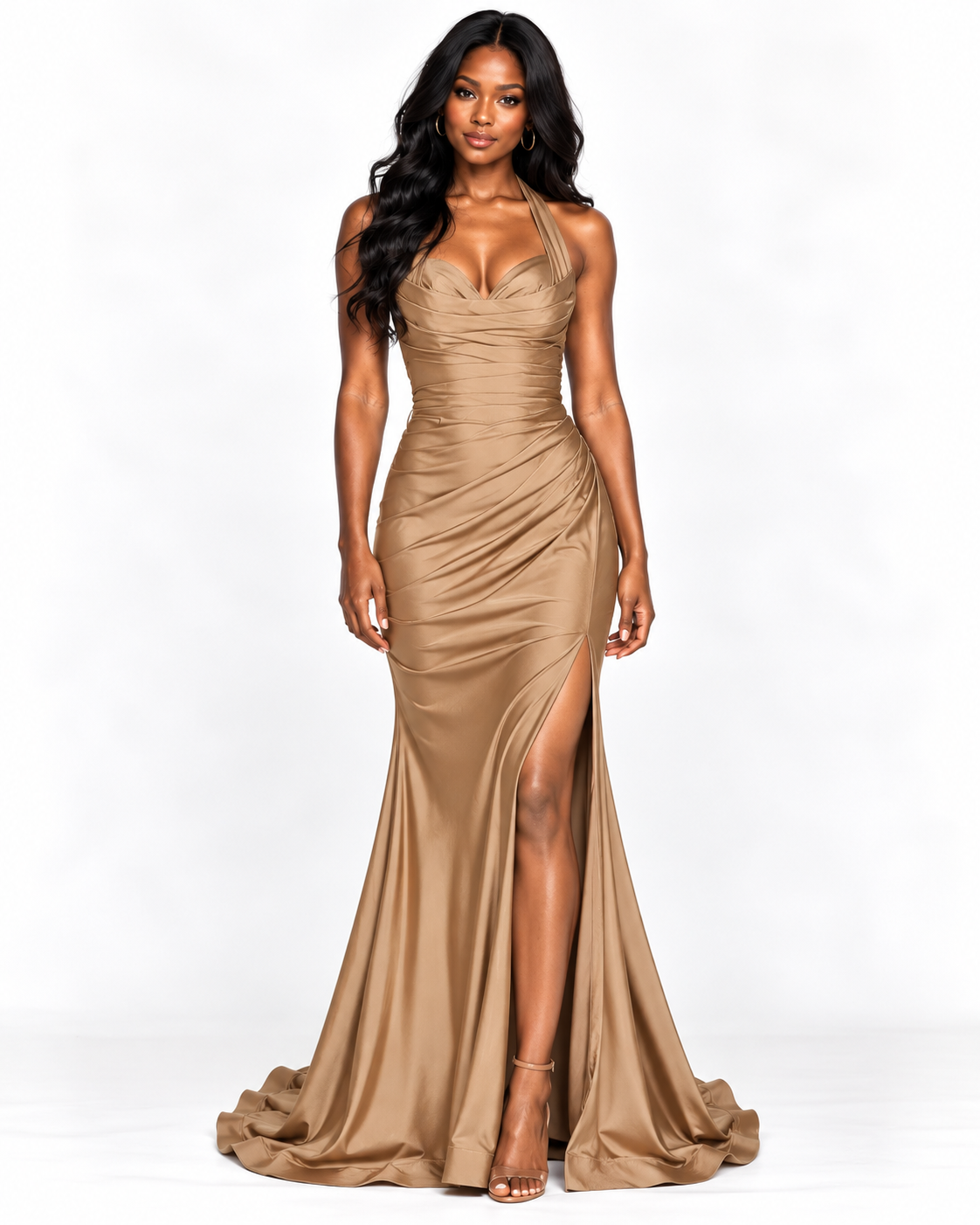Stretch Satin Halter Fitted Dress