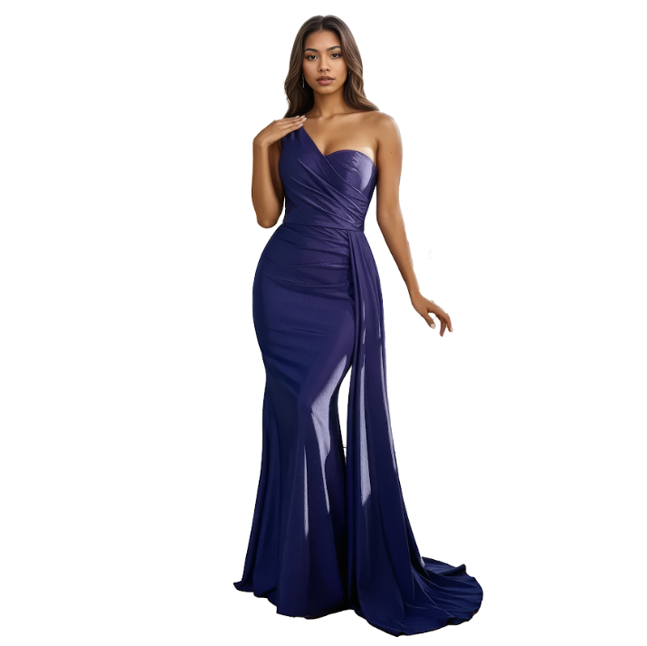 One-Shoulder Stretch Mermaid Dress with Ruched Bodice
