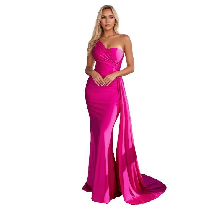 One-Shoulder Stretch Mermaid Dress with Ruched Bodice