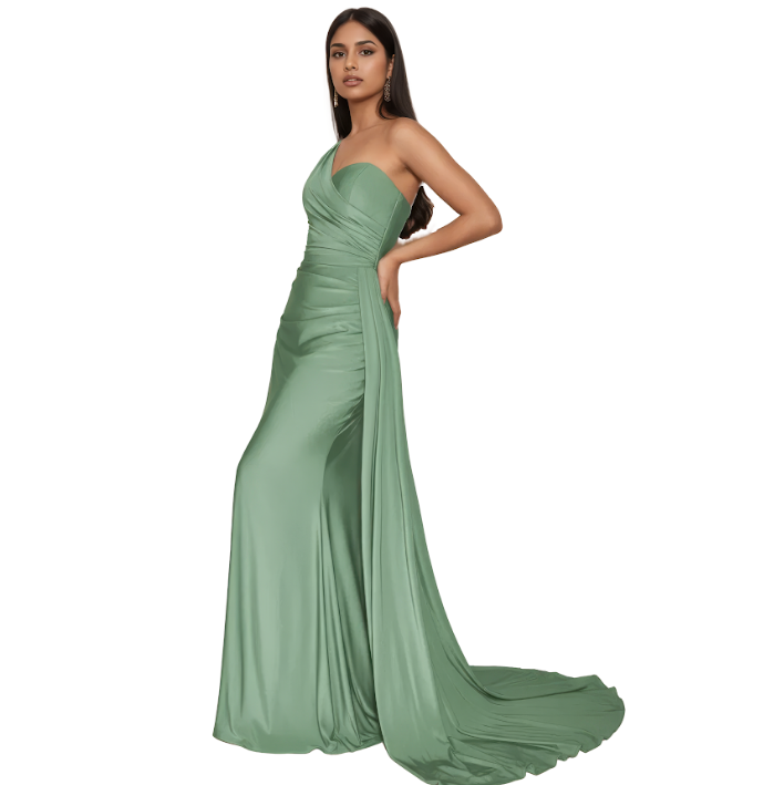 One-Shoulder Stretch Mermaid Dress with Ruched Bodice