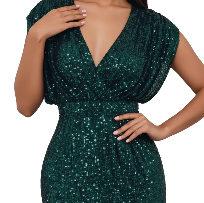Draped Shoulder Sequin Maxi Dress