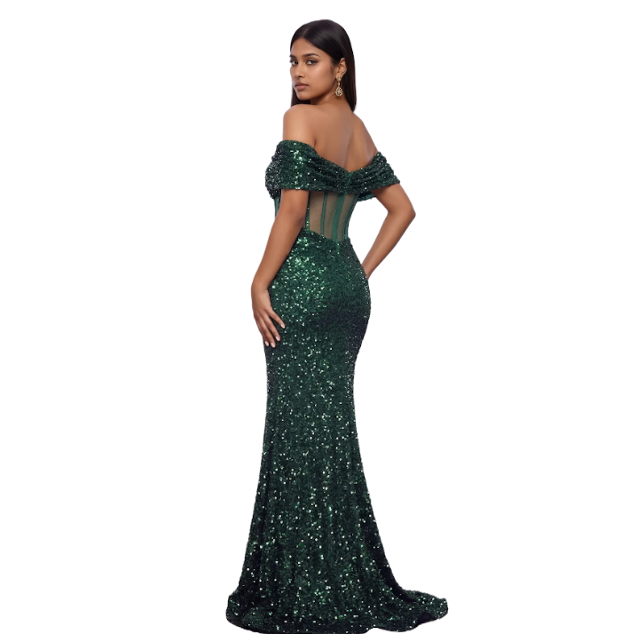 Enchanted Off-the-Shoulder Corset Sequin Maxi Dress