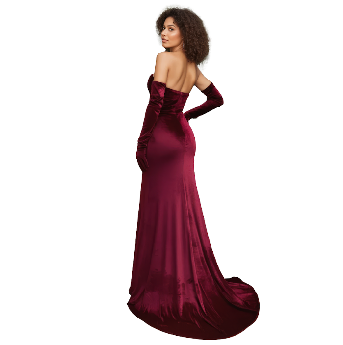 Fitted Velvet Off-the-Shoulder Style Maxi Dress with Gloves