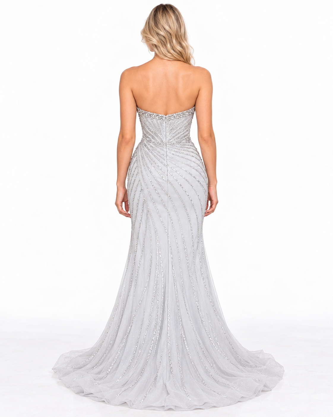 Strapless Fitted Beaded Glitter Gown with Leg Slit