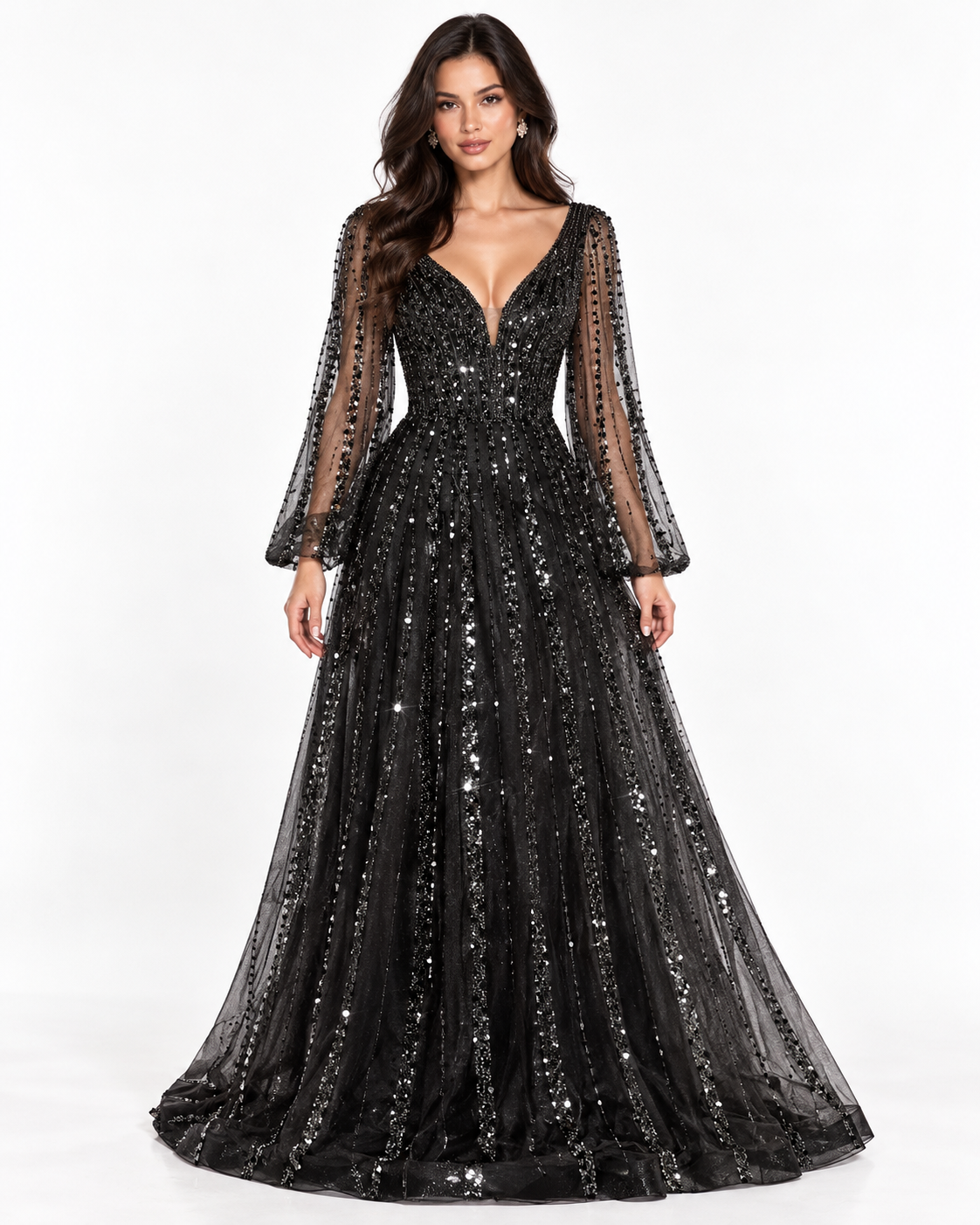 Long Sleeve A-Line Beaded Dress