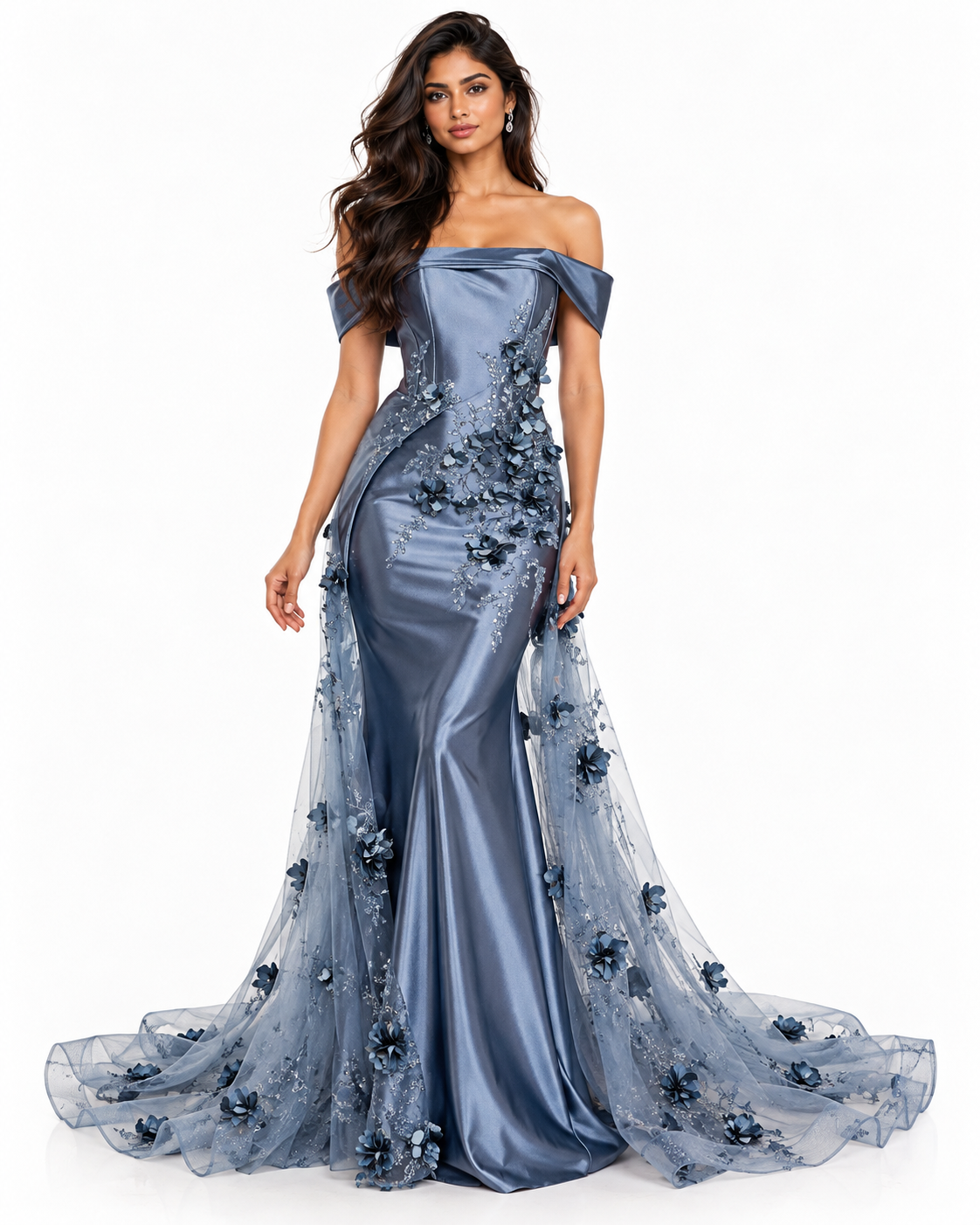 Embellished Satin Fitted Gown with Tulle Overskirt