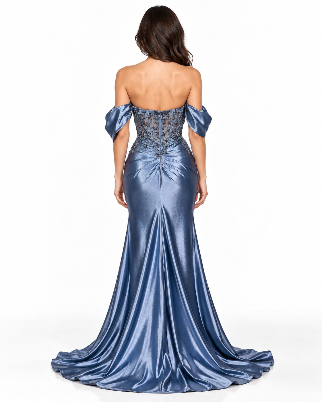 Off the Shoulder Satin Fitted Dress with Lace Details & Slit
