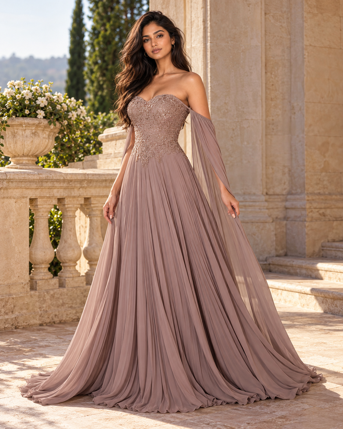Pleated A-Line Gown with Cape Sleeves