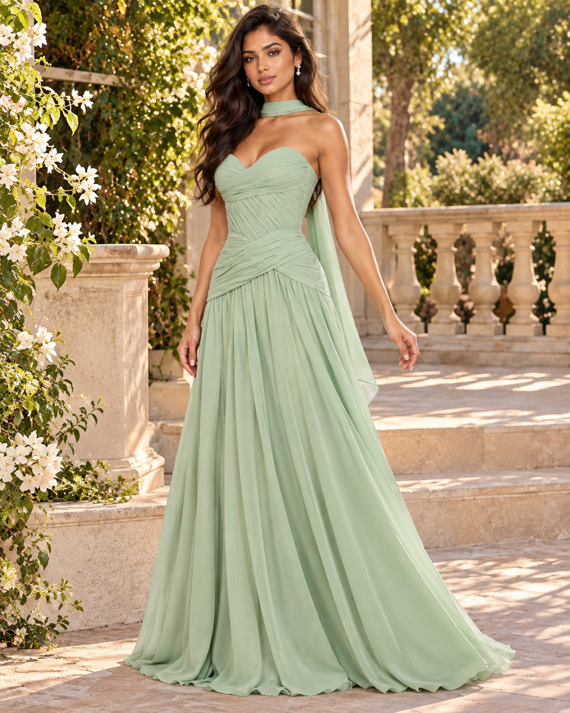 Sweetheart Chiffon A-Line Gown with Scarf