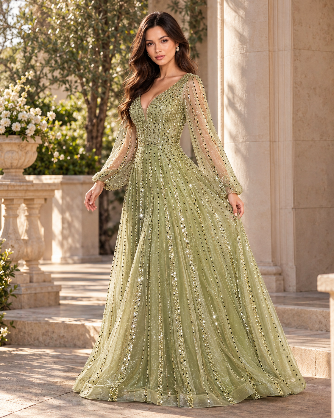 Long Sleeve A-Line Beaded Dress