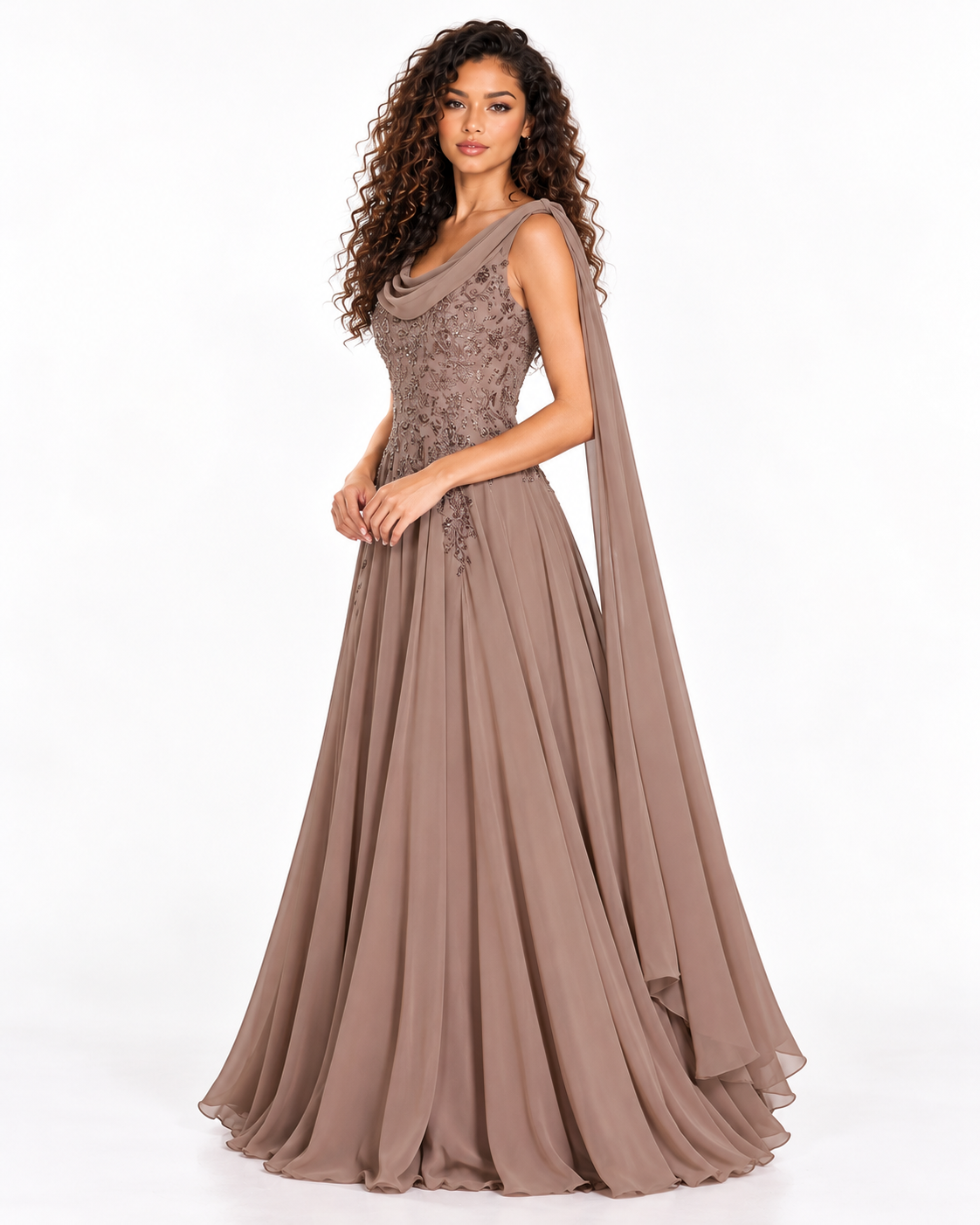 Long Cape Sleeves Chiffon A-Line Gown