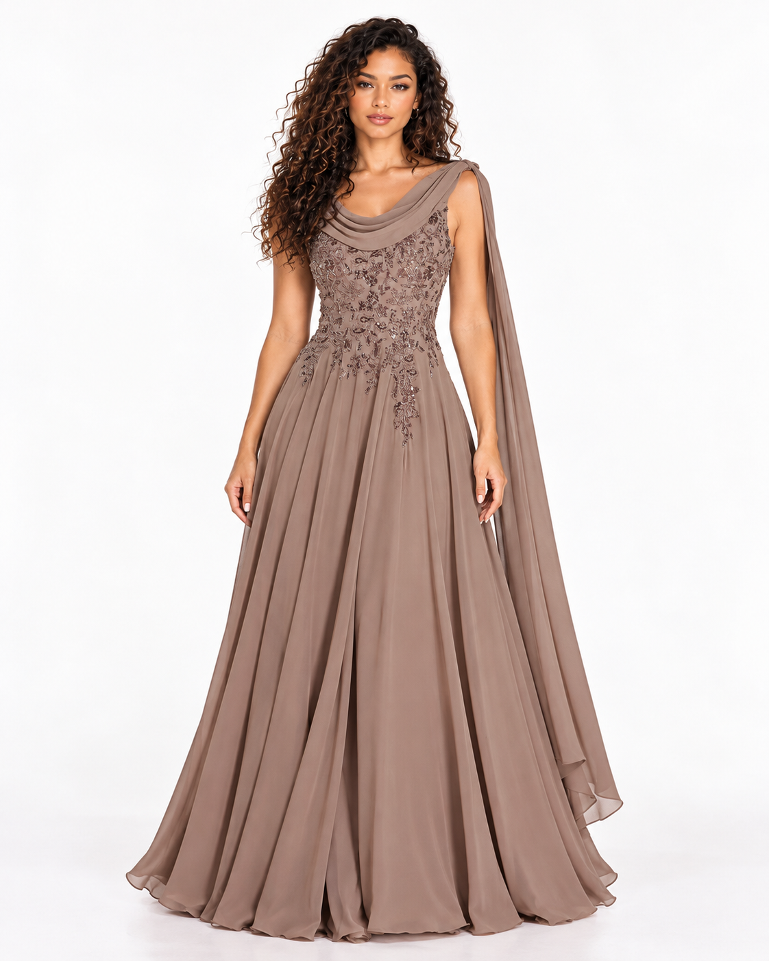 Long Cape Sleeves Chiffon A-Line Gown