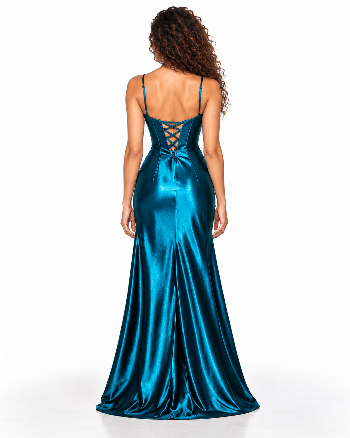 Fitted Satin Corset Dress with Beaded Neckline & Open Back