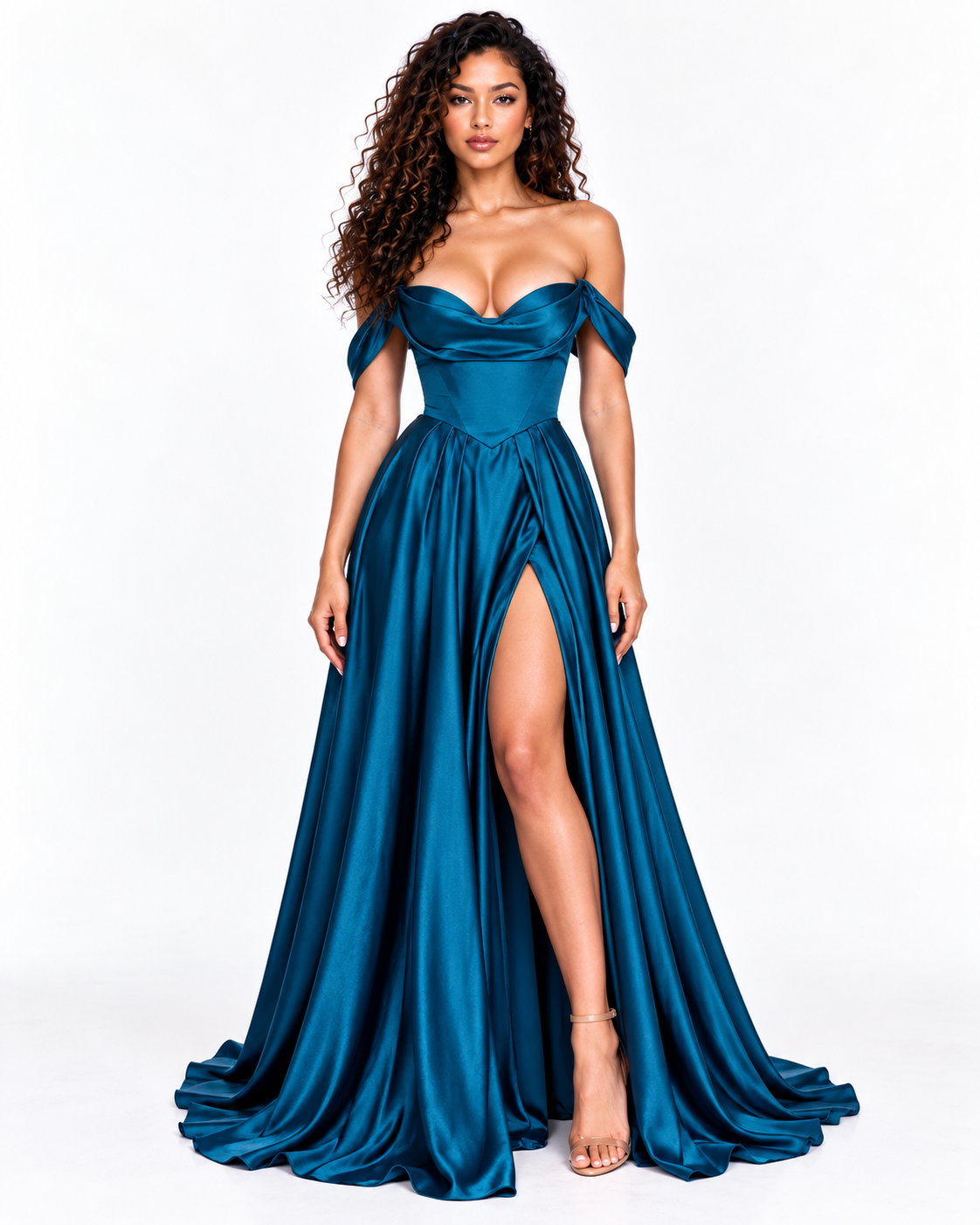 Off-the-Shoulder Pleated Satin A-Line Gown