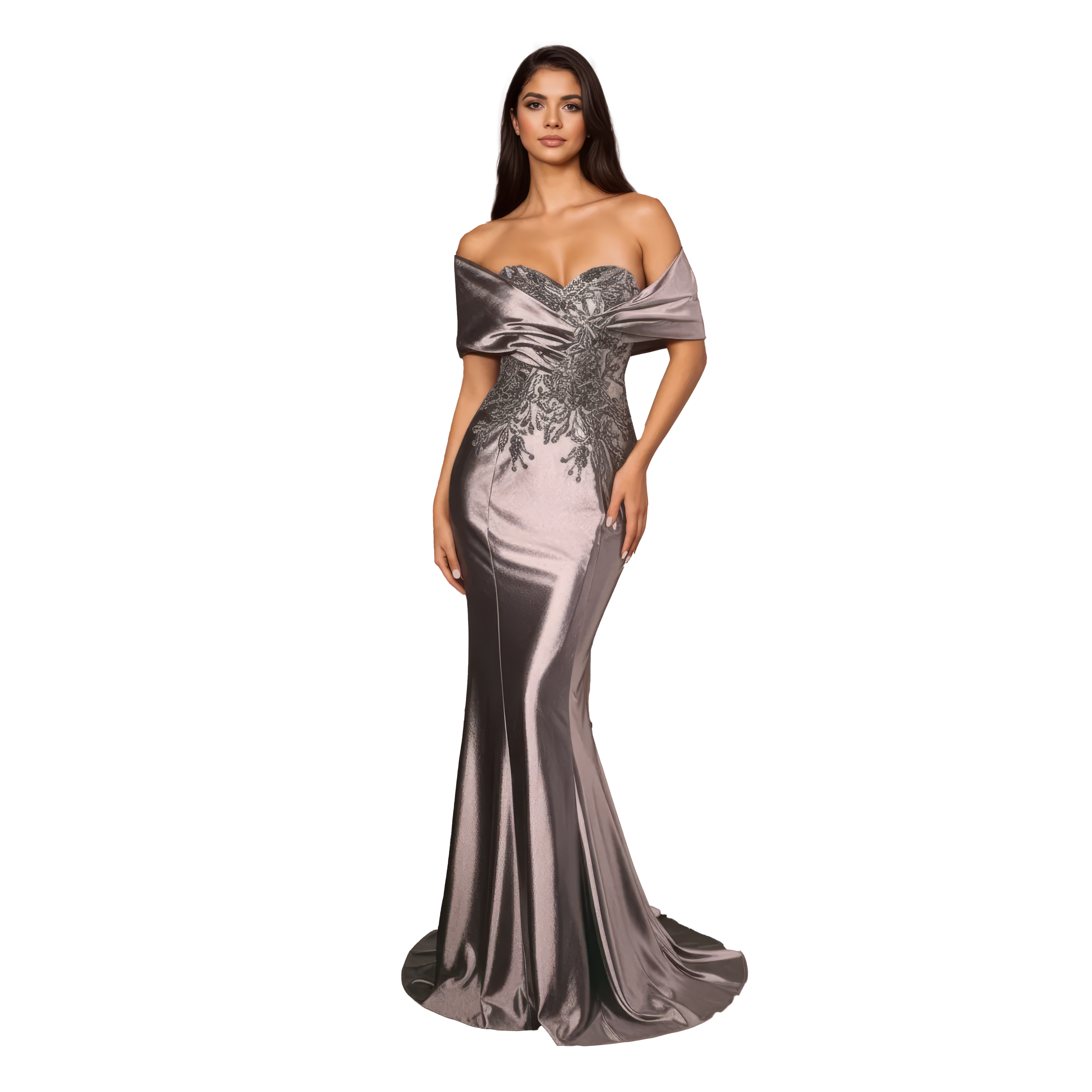 Satin Off the Shoulder Fitted Dress with Lace Applique