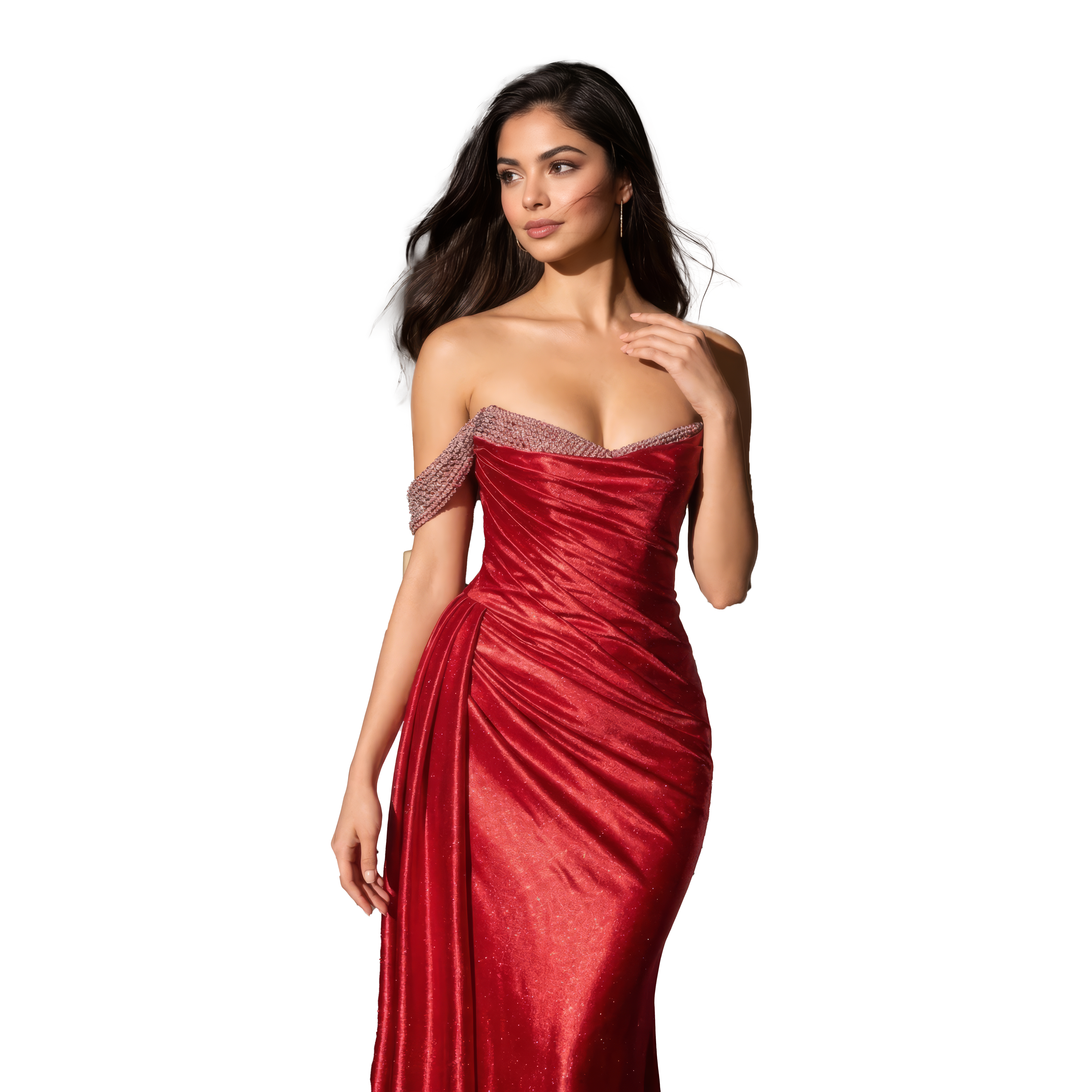 Elegant Off-Shoulder Embellished Fitted Glitter Maxi Dress