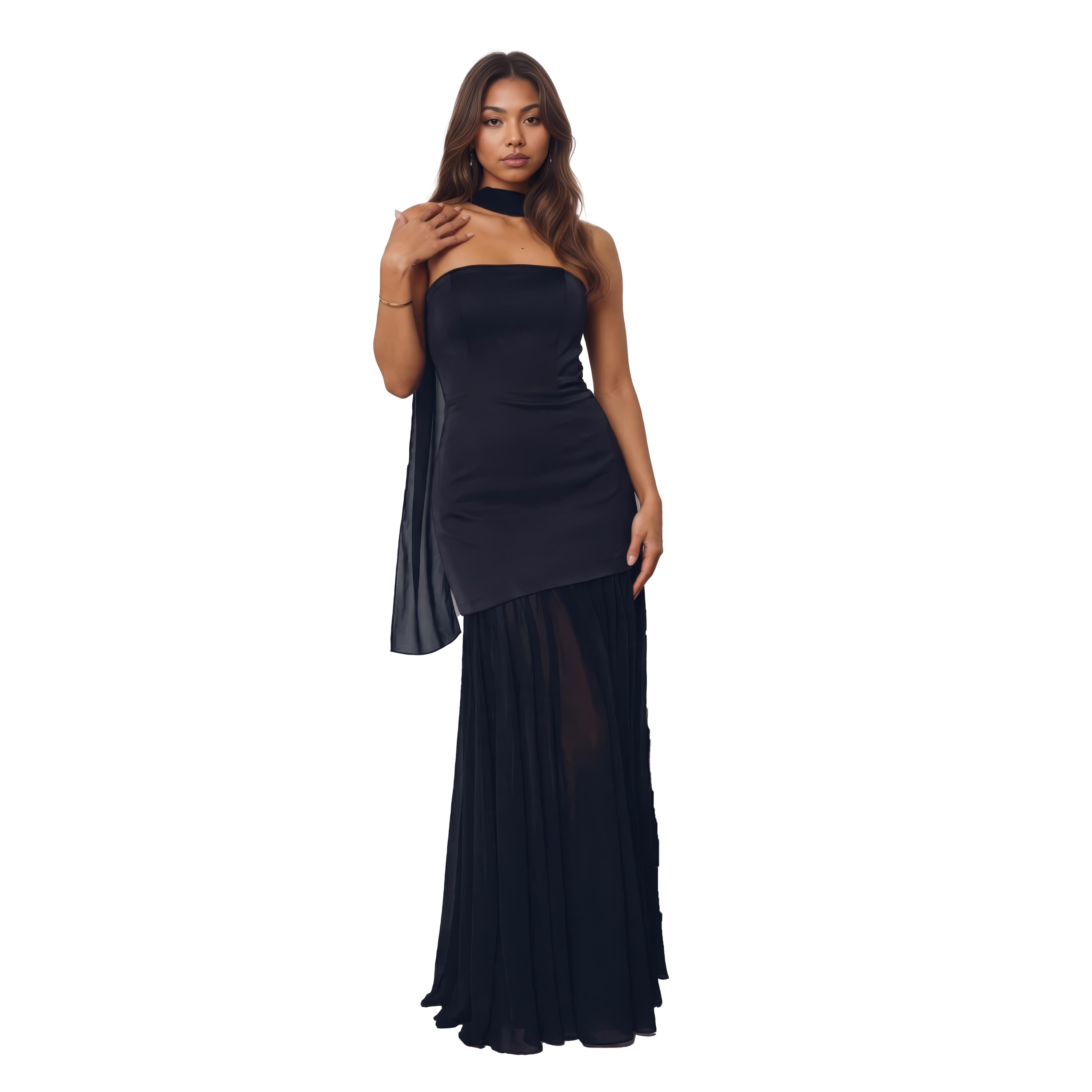 Strapless Satin Bodice & Chiffon Maxi Dress