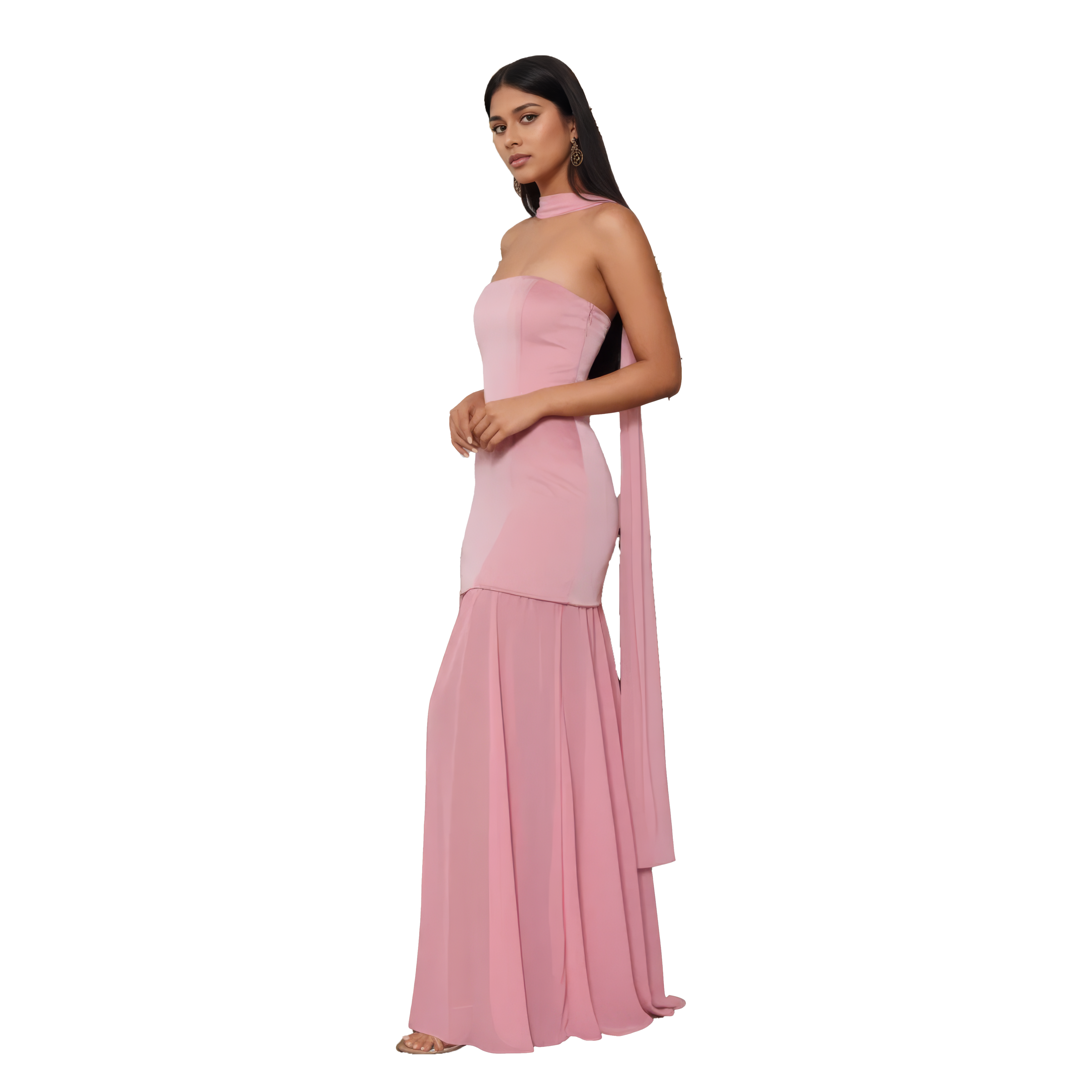 Strapless Satin Bodice & Chiffon Maxi Dress