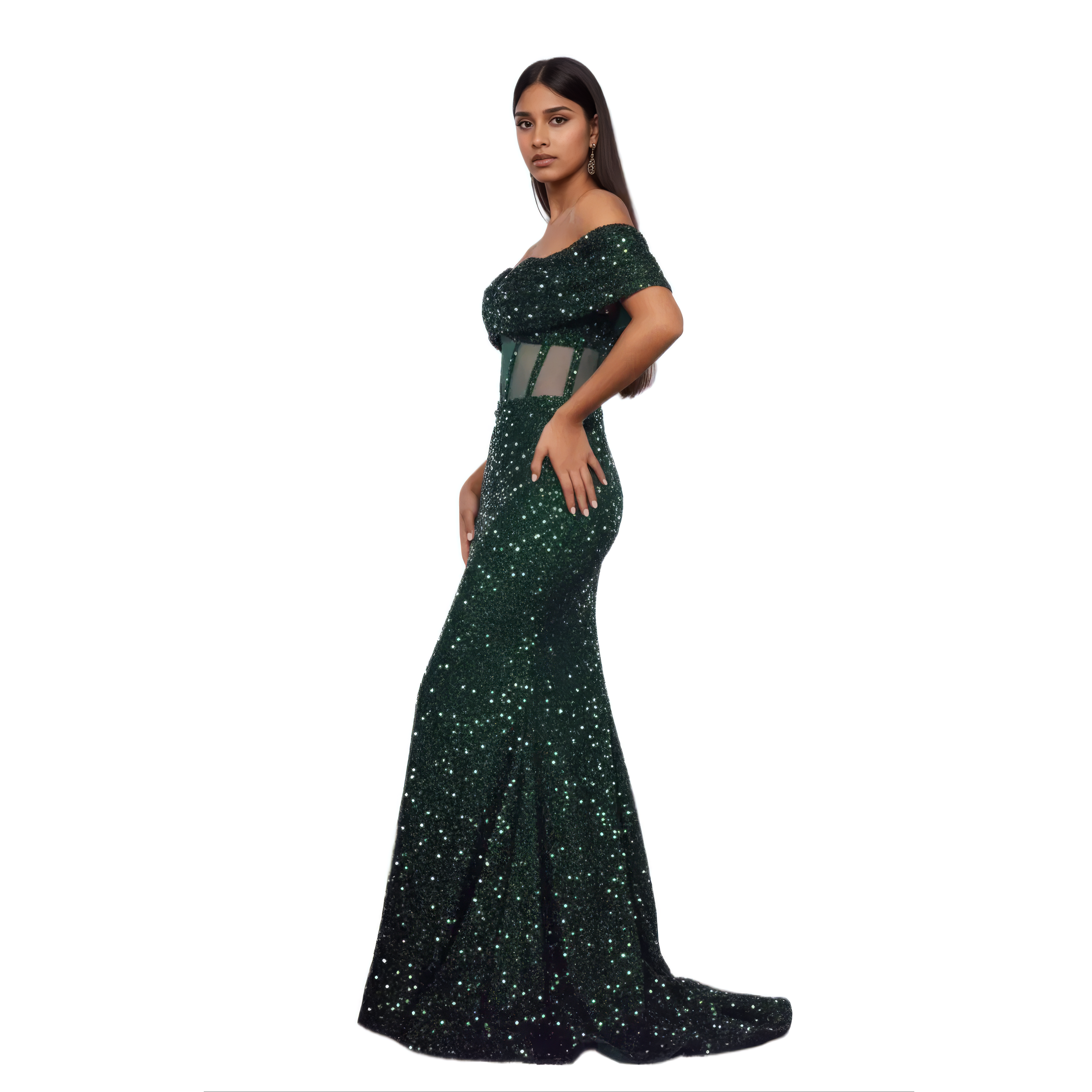 Enchanted Off-the-Shoulder Corset Sequin Maxi Dress