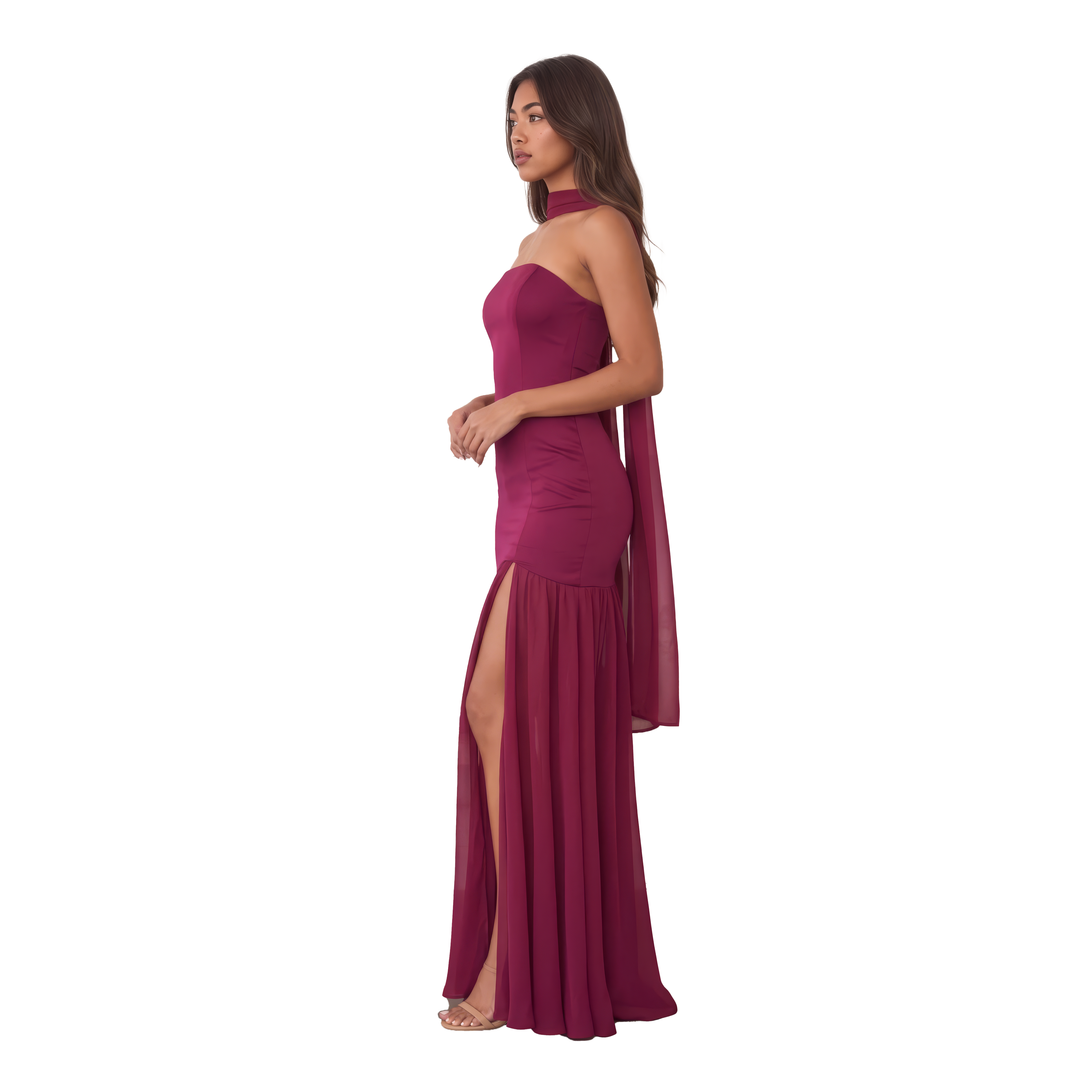 Strapless Satin Bodice & Chiffon Maxi Dress