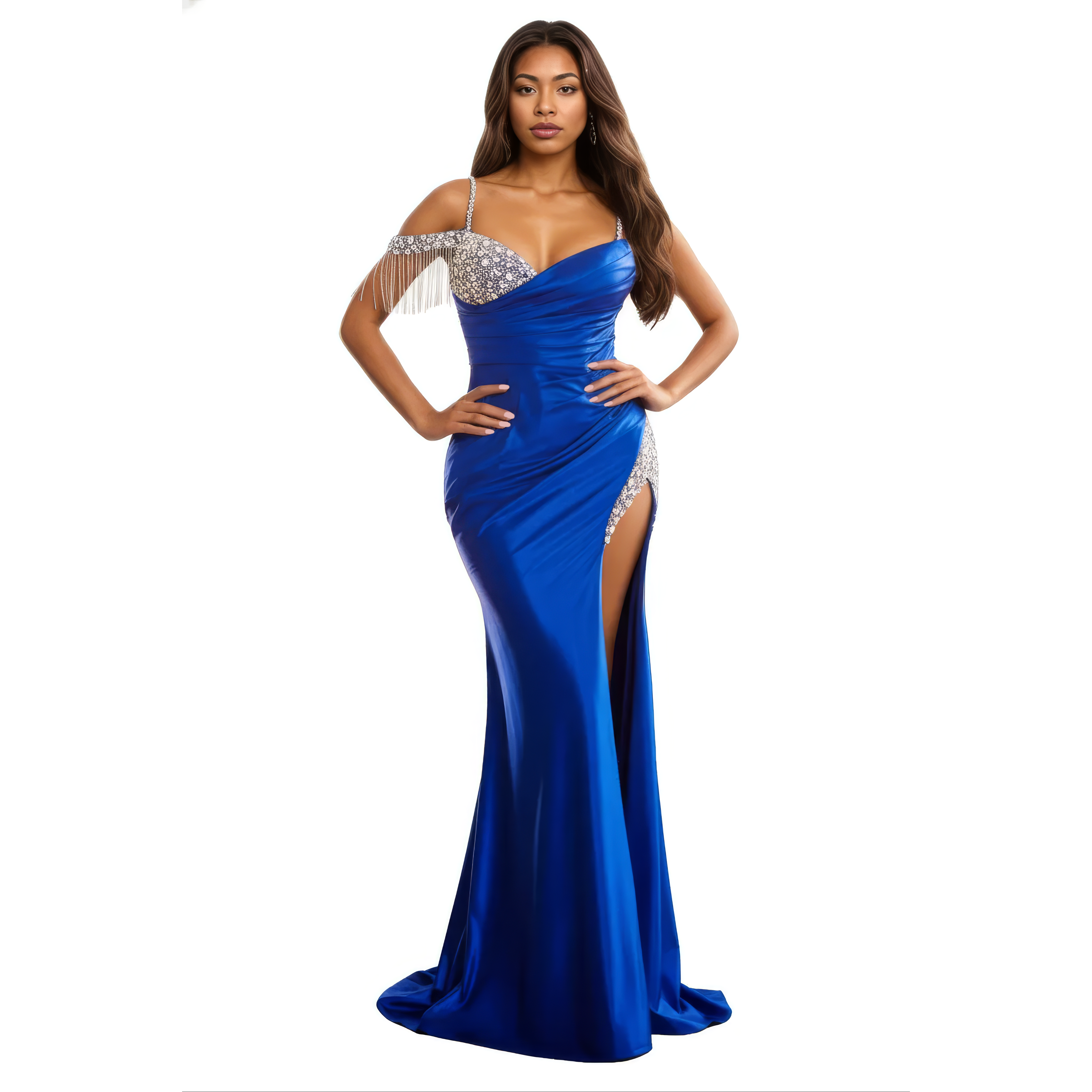 Asymmetrical Off Shoulder Maxi Dress with Embellished Sleeve