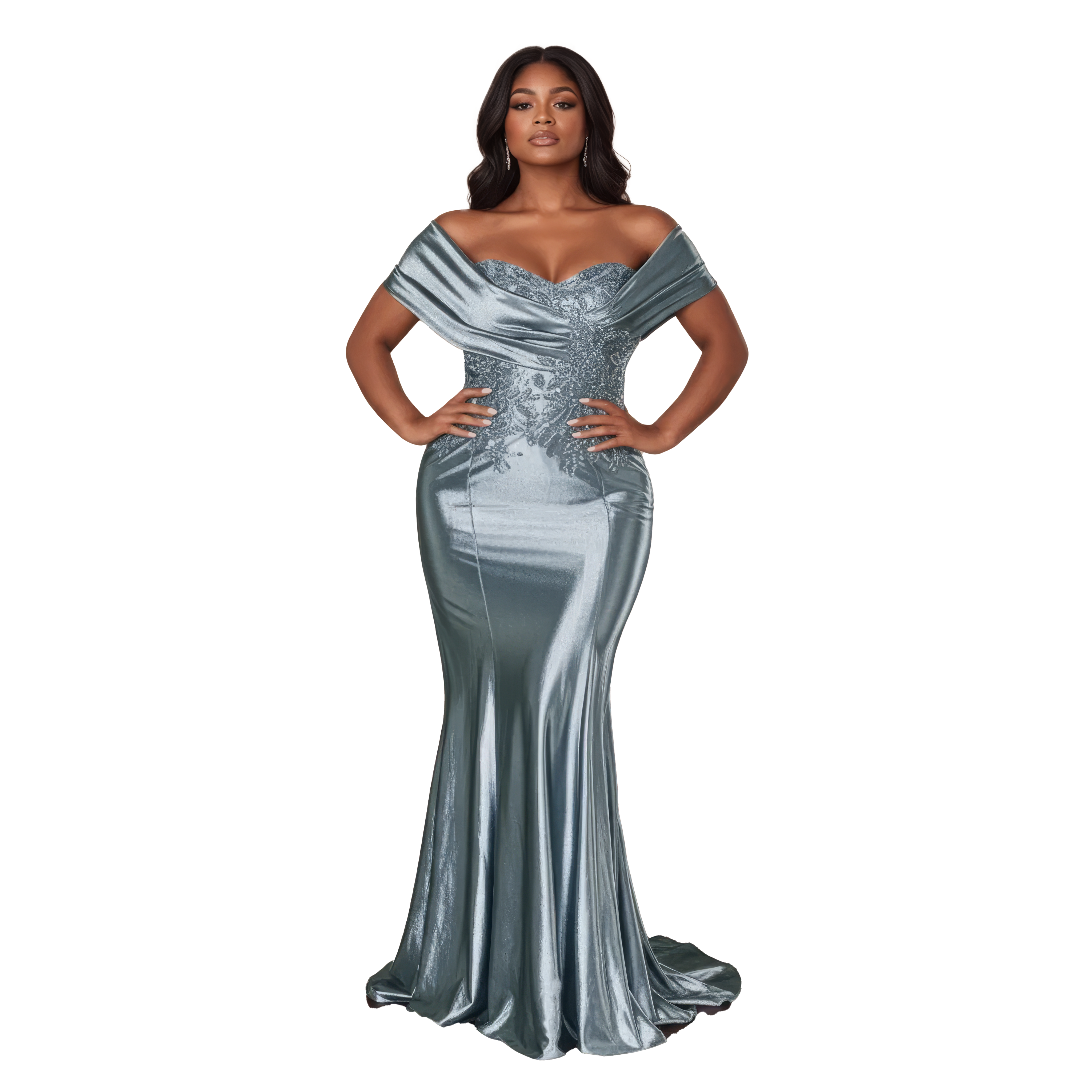 Satin Off the Shoulder Fitted Dress with Lace Applique