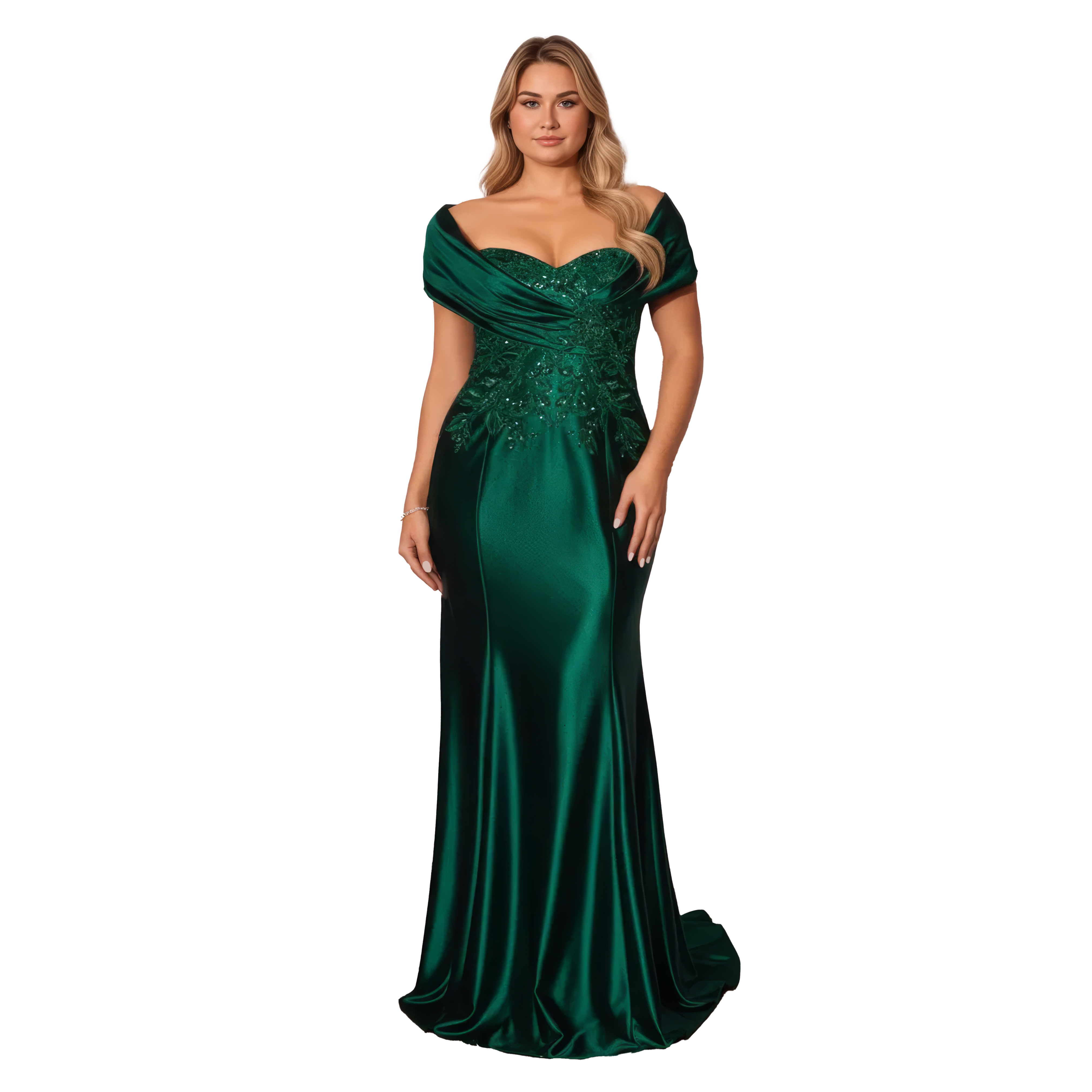 Satin Off the Shoulder Fitted Dress with Lace Applique