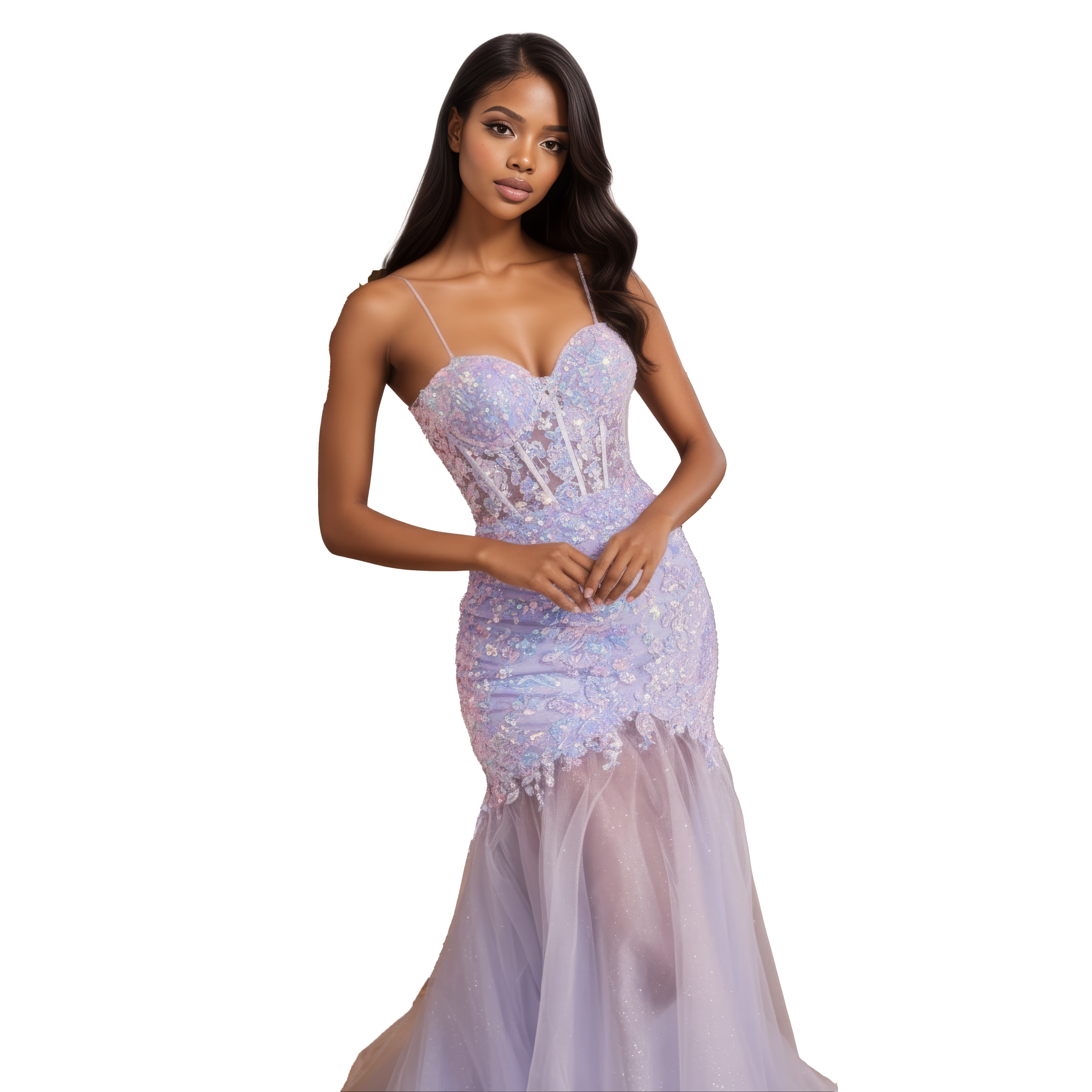 Sleeveless Embellished Mermaid Dress with Sequin Floral Overlay