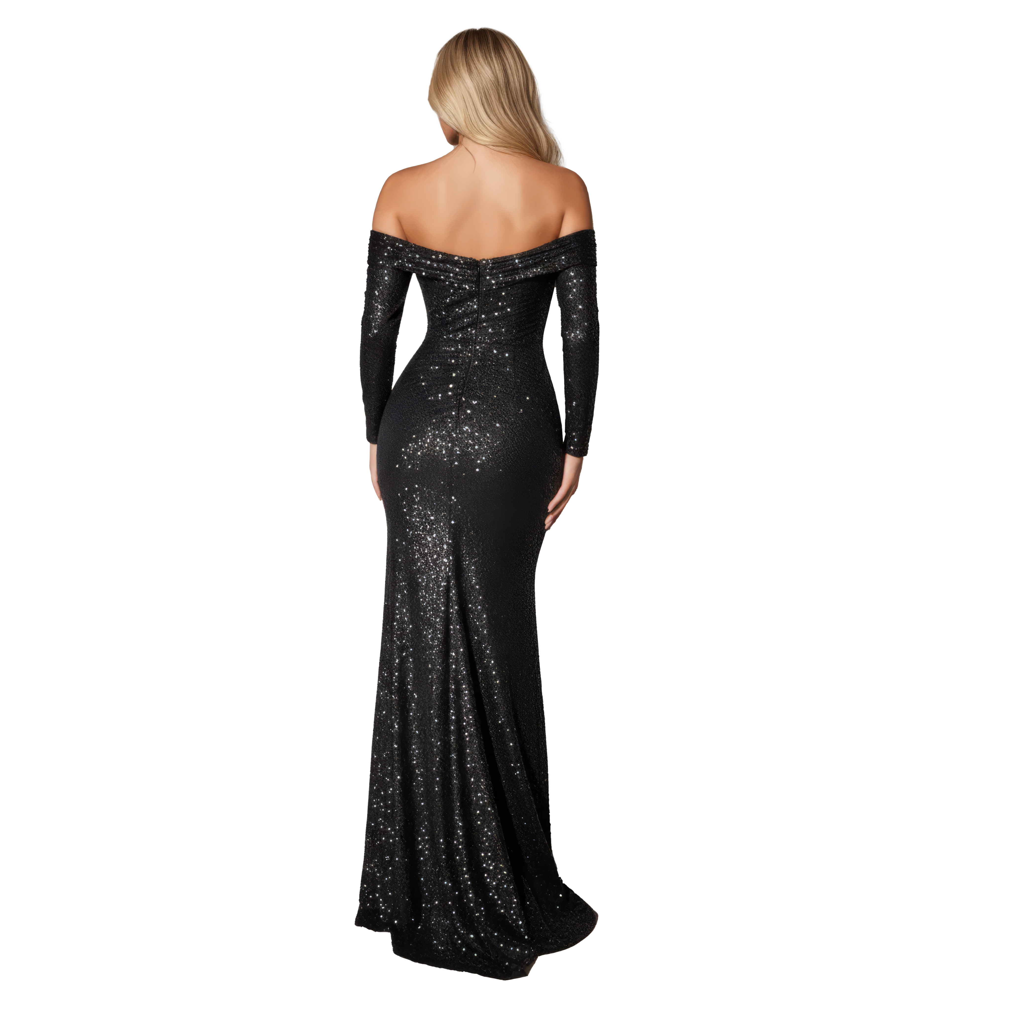 Off Shoulder Sequin Long Sleeve Maxi Dress with Draped Waist