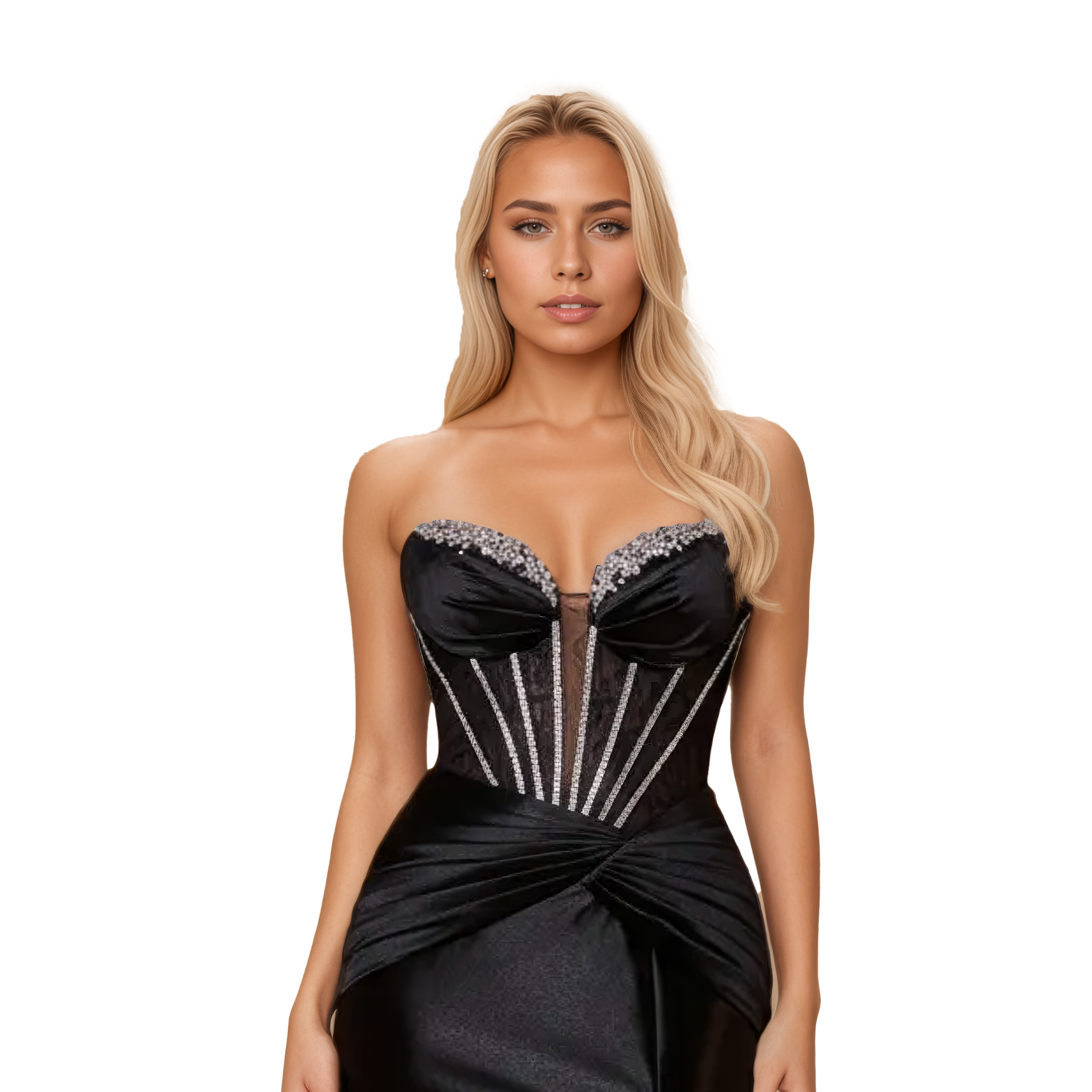 Strapless Embroidered Maxi Dress with Lace Corset Bodice
