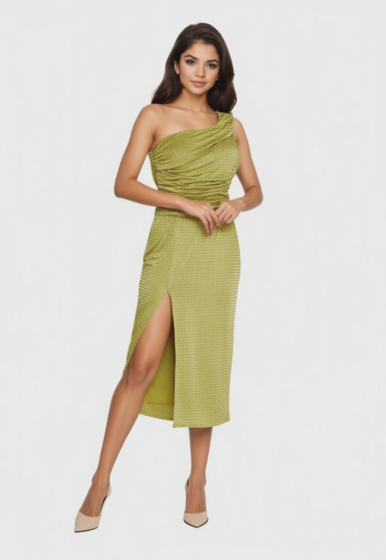 One Shoulder Midi Crepe Column Cocktail Dress