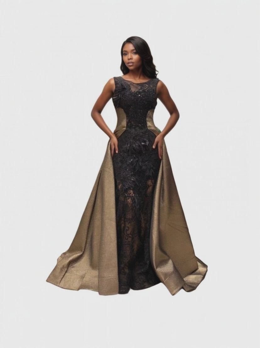 Black Lace & Metallic  Couture Gown