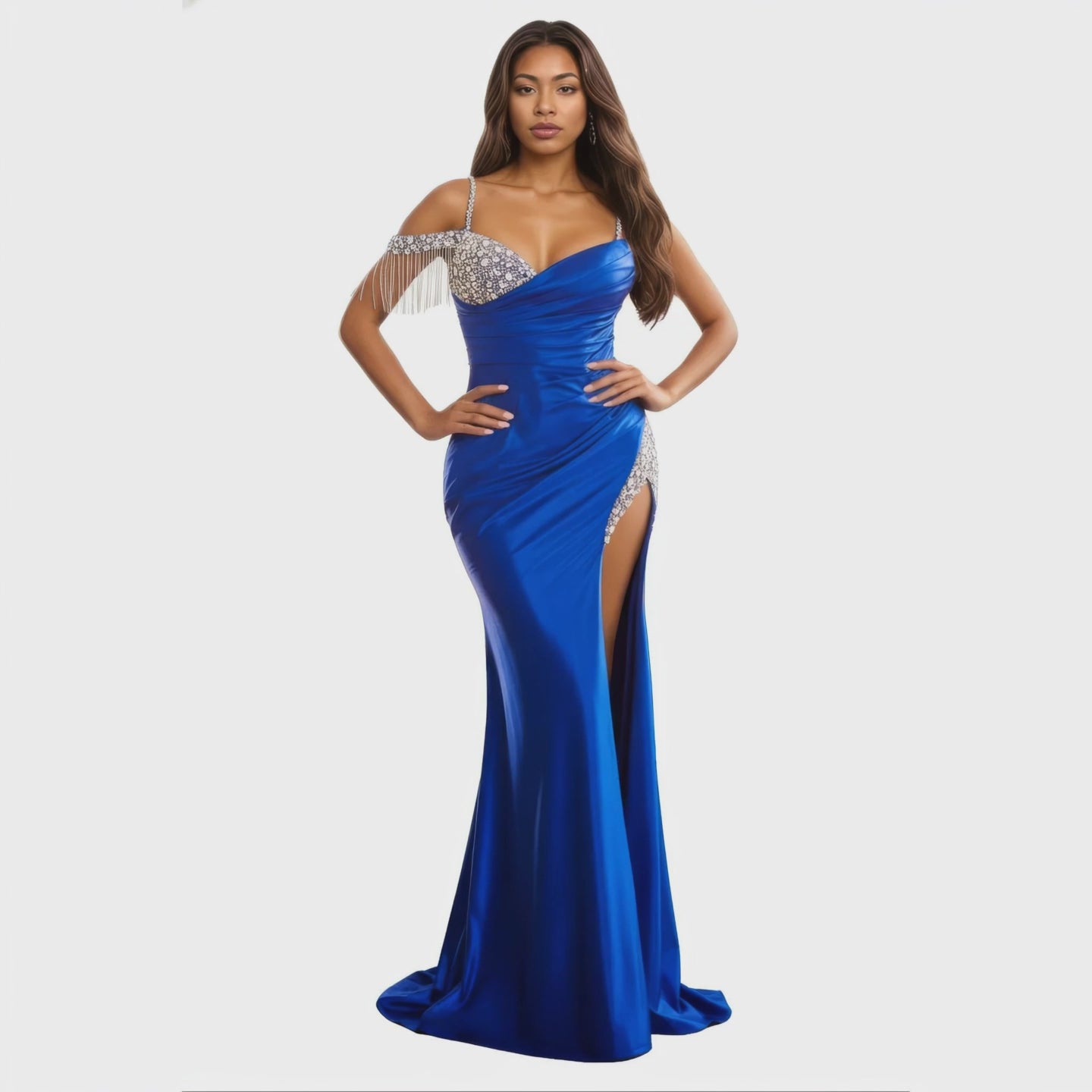 Asymmetrical Off Shoulder Maxi Dress with Embellished Sleeve