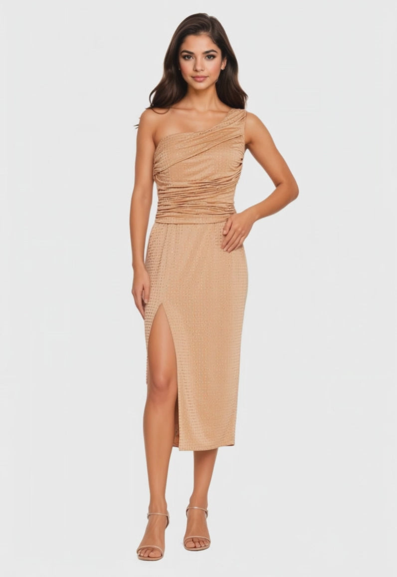 One Shoulder Midi Crepe Column Cocktail Dress