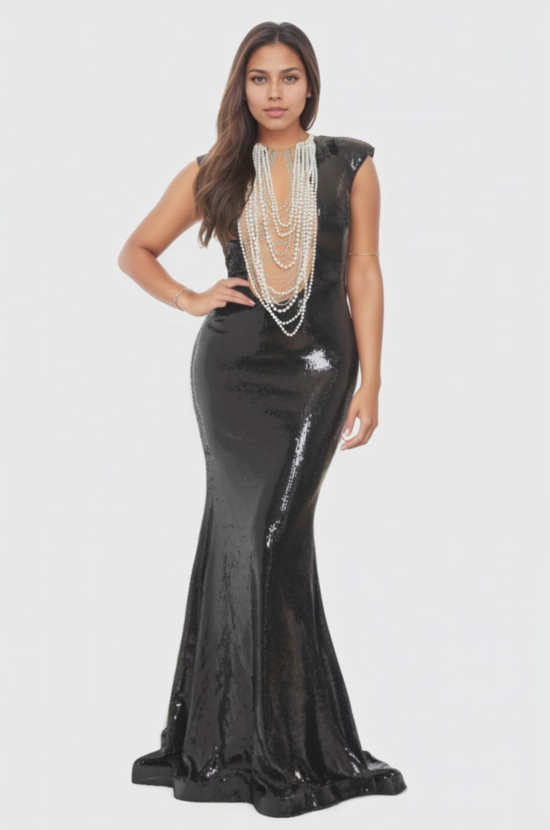 Sequin Pearl Necklace Mermaid Maxi Dress