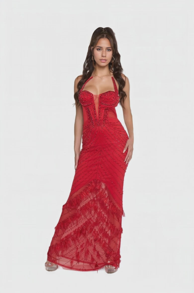 Rhinestone Embellished Sheer Illusion Maxi Dress