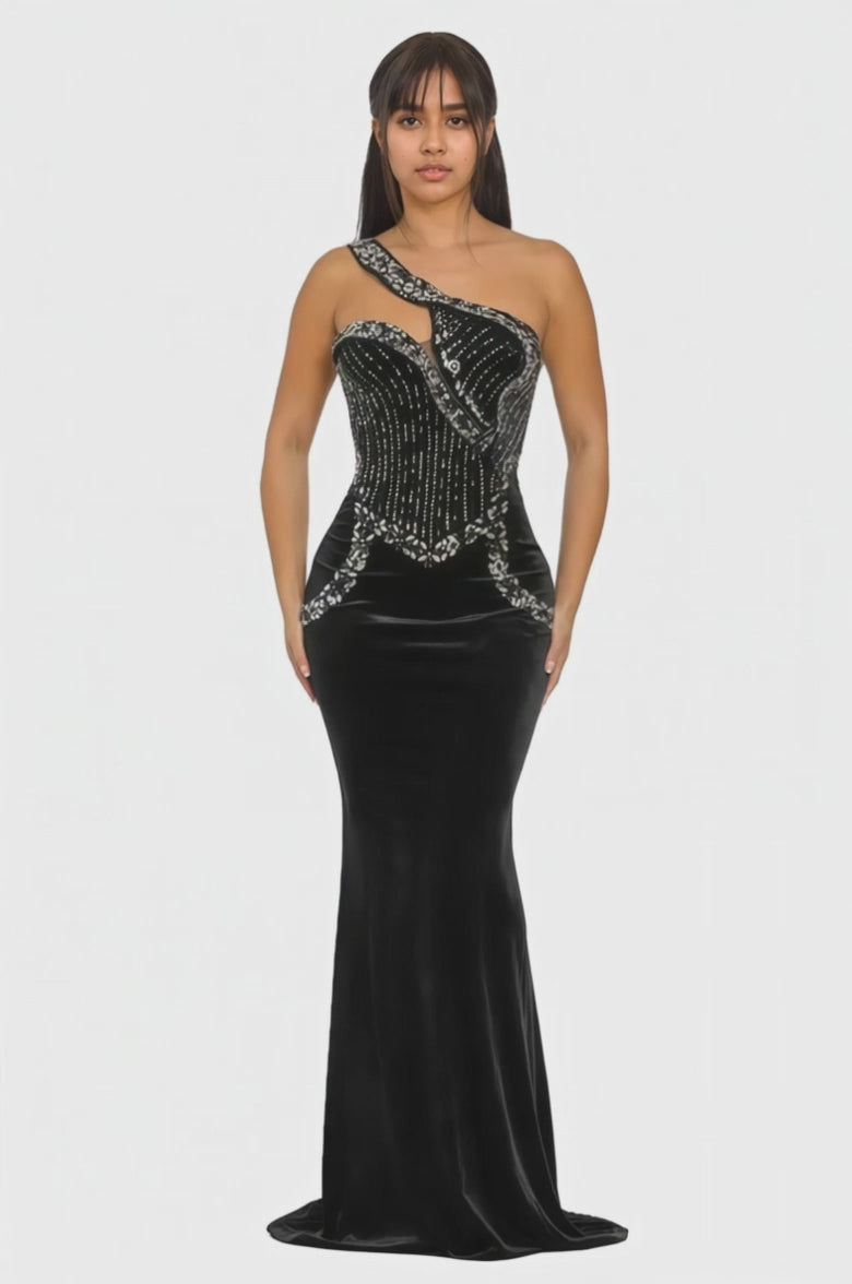Velvet and Rhinestone One Shoulder Mermaid Maxi Dress