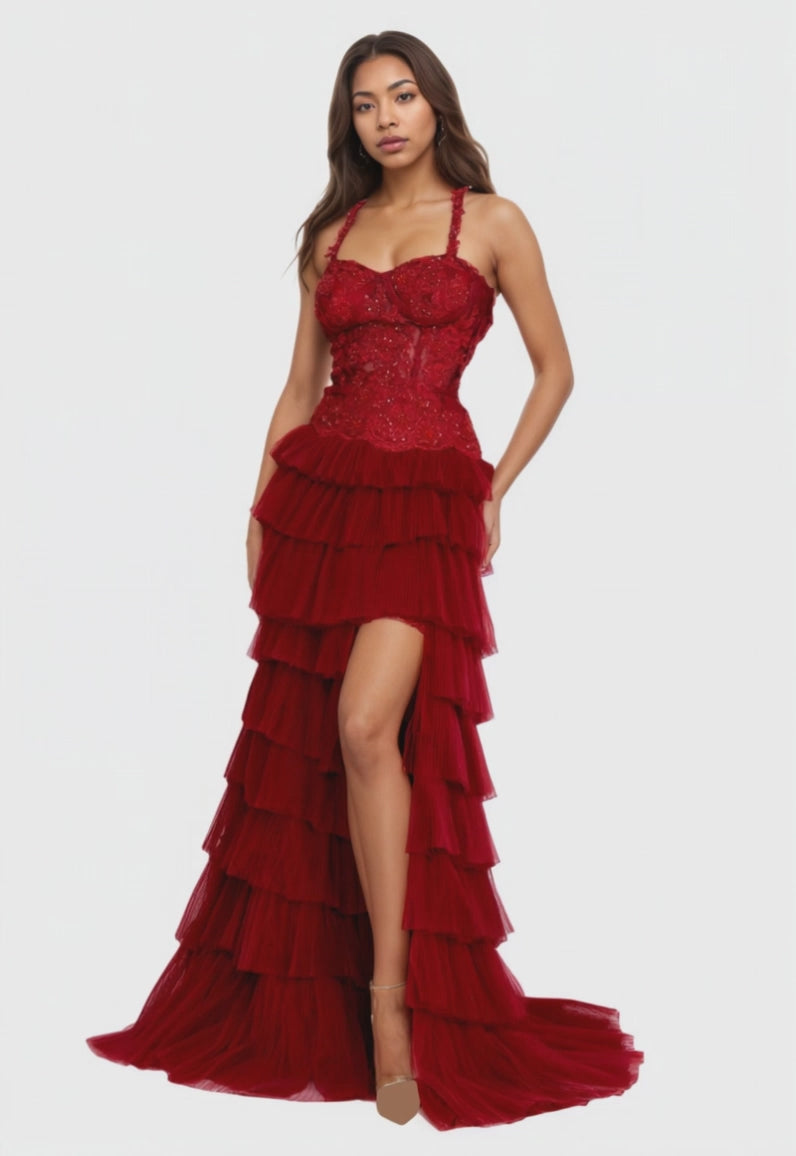 Sleeveless A- Line Lace Beaded Tulle Dress 