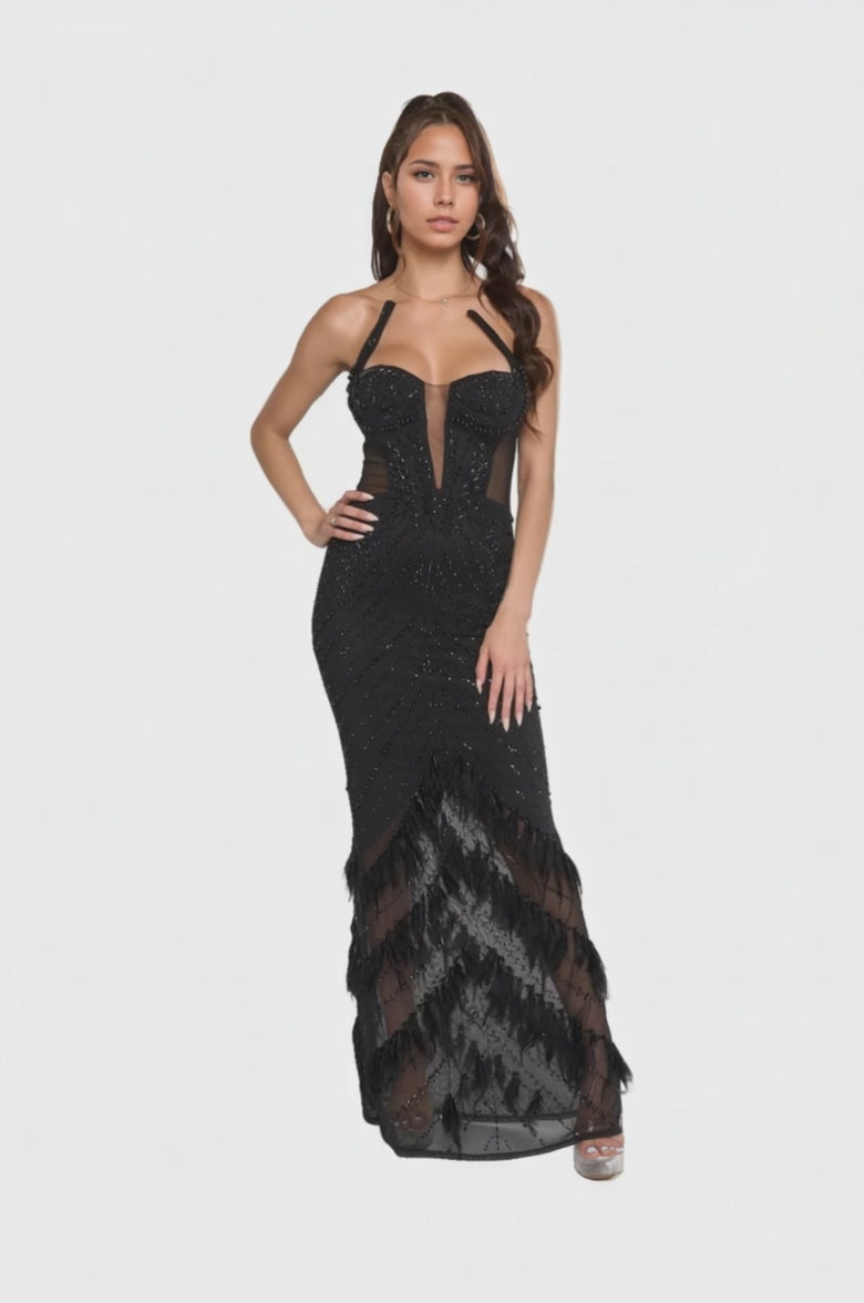 Rhinestone Embellished Sheer Illusion Maxi Dress