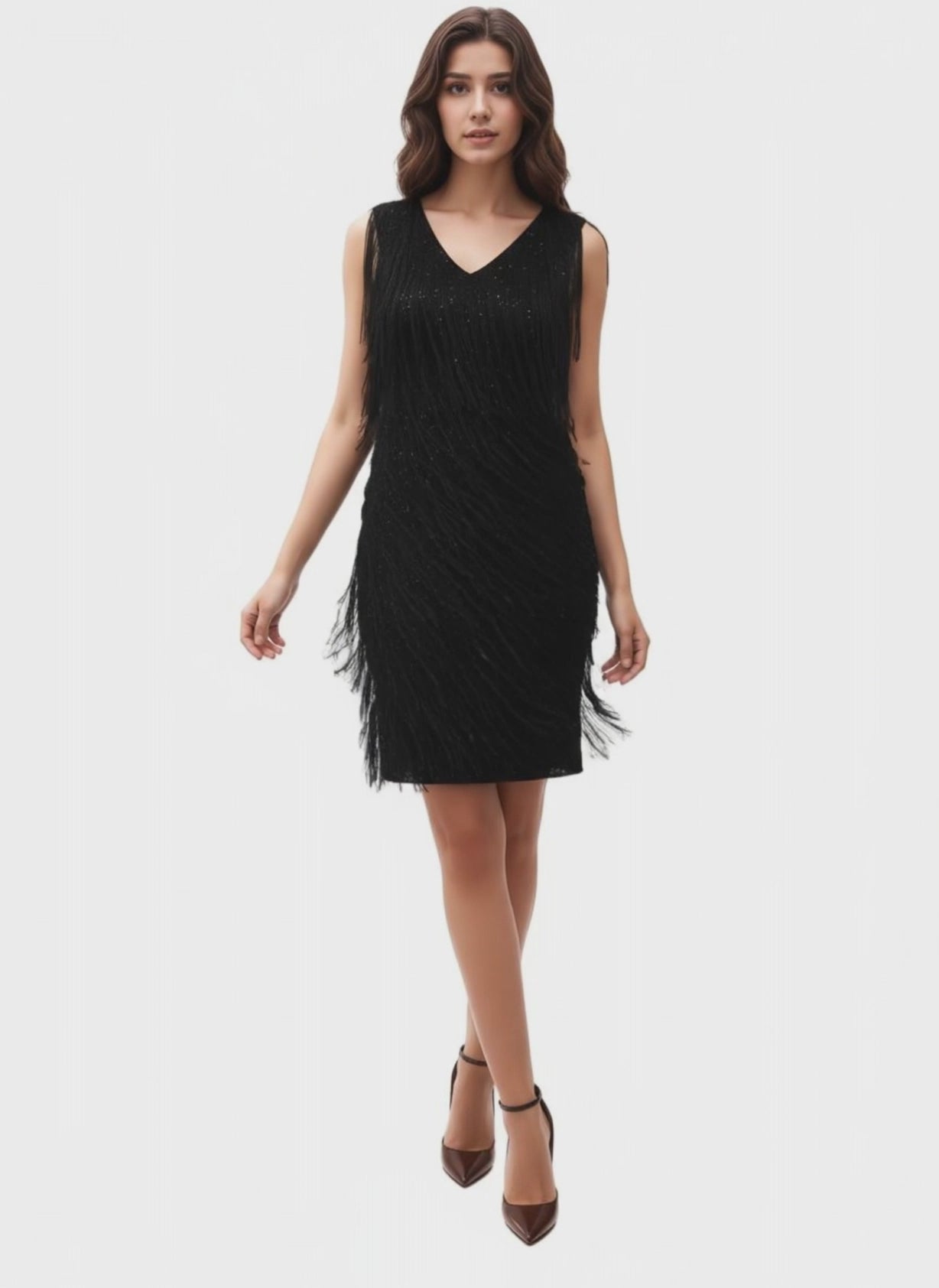 Sleeveless Beaded Fringe Flapper Midi Dress