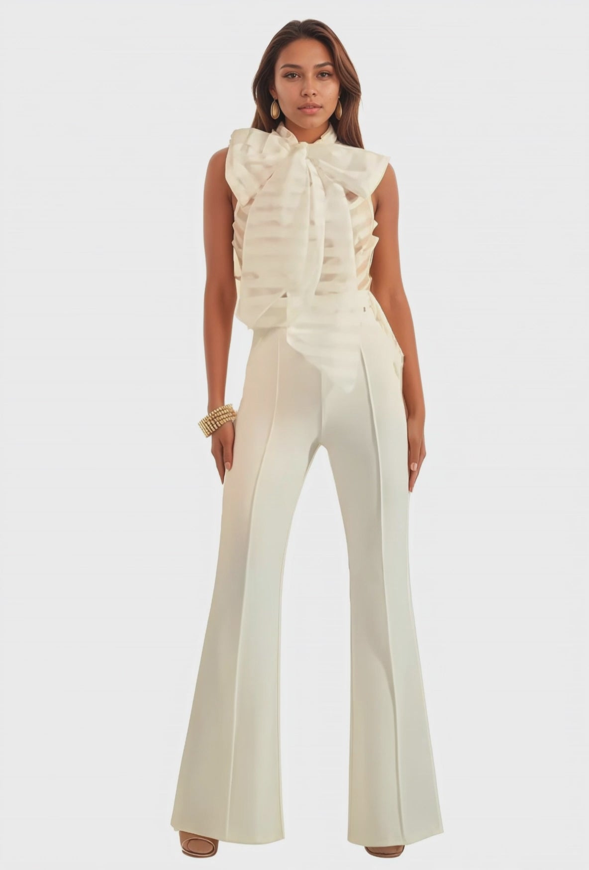 Front Exaggerated Bow Strap Attached Sleeveless Jumpsuit